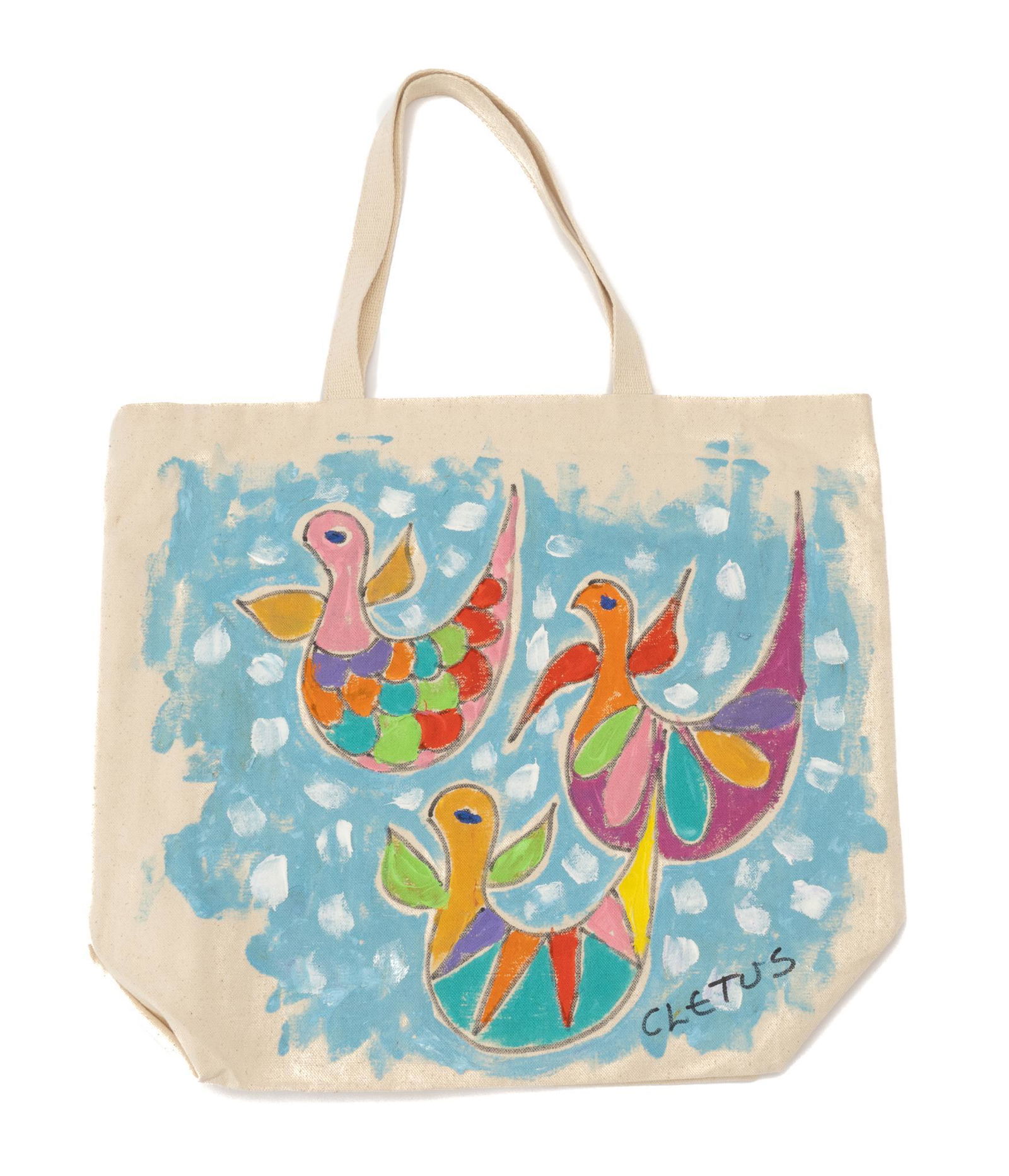Brother Cletus Behlmann (1933-2016, San Antonio, TX), Painted Tote Bag: Brother Cletus Behlmann (1933-2016, San Antonio, TX), painted tote bag, depicting palomas (doves), signed In the summer of 1960, Brother Cletus and Brother Mel Meyer, another notable Marianist artis