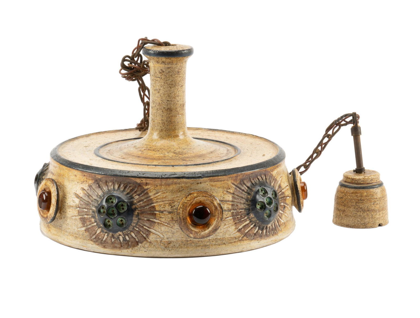 Italian Mid-Century Ceramic Chandlier: Italian Mid-Century ceramic pendant chandelier, featuring incised and inlaid accents, to include wiring 50"h x 15"d Provenance: A San Antonio, Texas collection We happily provide seamless shipping