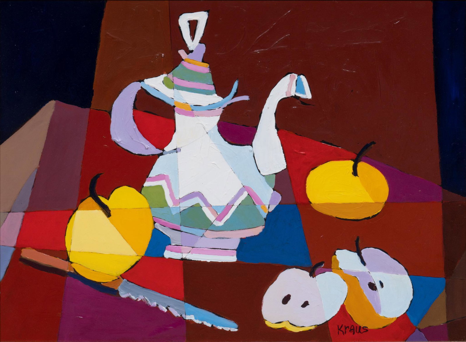 Harold Kraus (American, 20th C.), "Teapot & Pears": Harold Kraus (American, 20th C.), "Teapot & Pears", oil on canvas, sight: 24 x 39", frame: 30 x 36" Harold Kraus was born in the United States in the mid 1940s of German parents. His father was an art