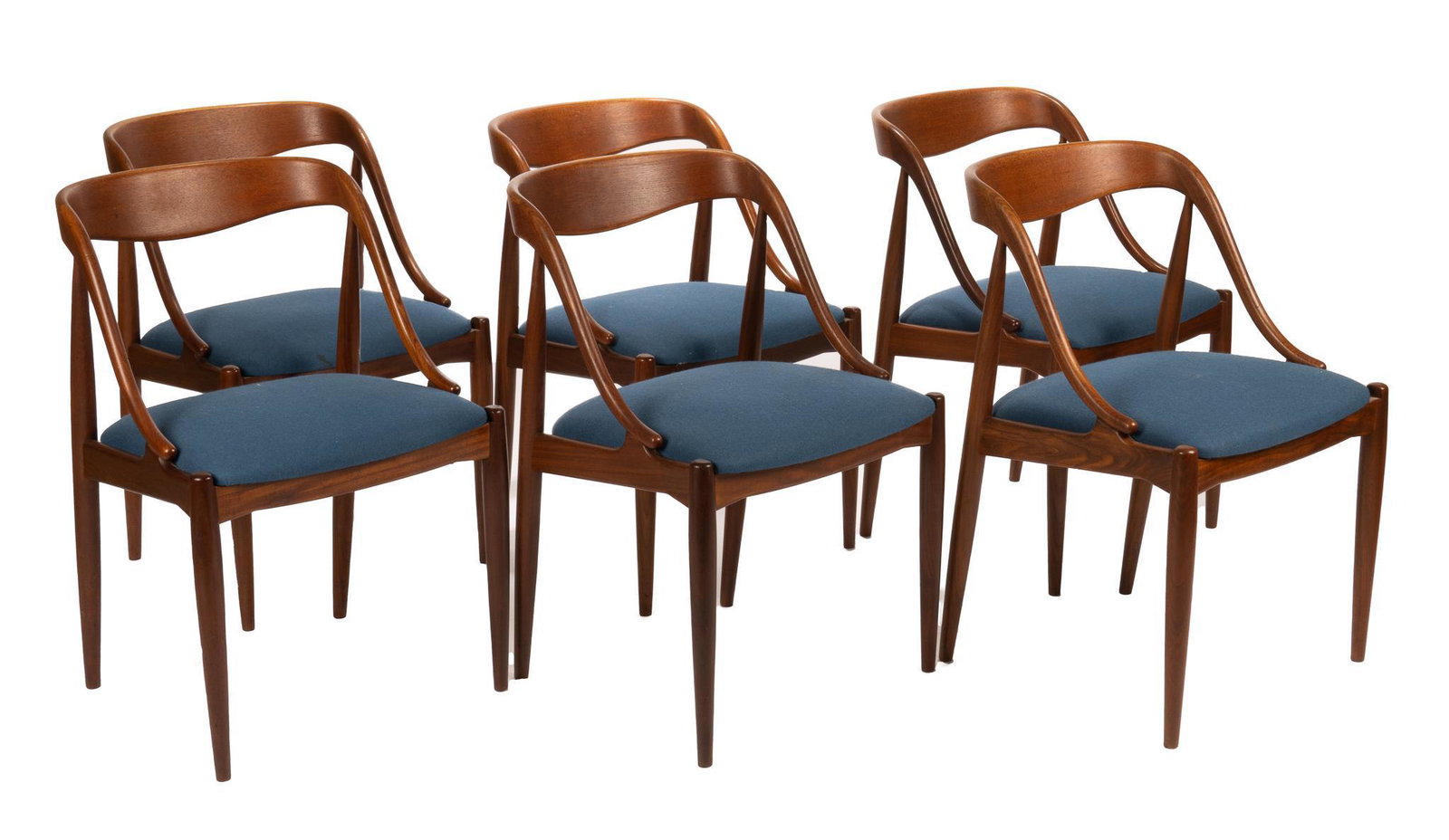 Set of (6) Mid-Century Dining Chairs: Set of six matching Mid-Century dining chairs, having curved back, blue upholstered seats, supported on pin legs 30"h x 19"w x 18"d Provenance: A San Antonio, Texas collection We happily provide seaml