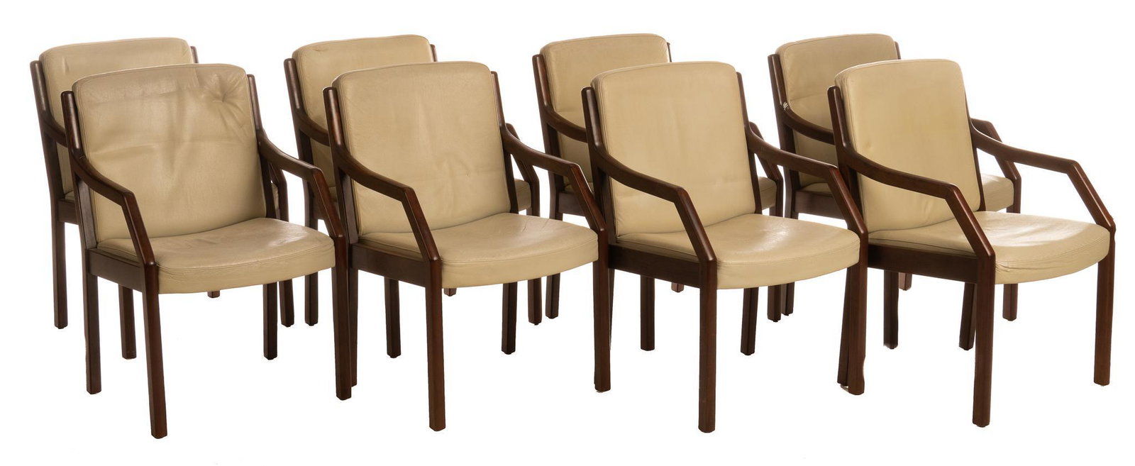 Set of (8) Danish Mid-Century Chairs: Set of eight matching Danish Mid-Century dining chairs, featuring green leather upholstery, supported in finished wooden frame, featuring angled arm rests, rising on block legs 34.5"h x 22.5"w x 21"d 