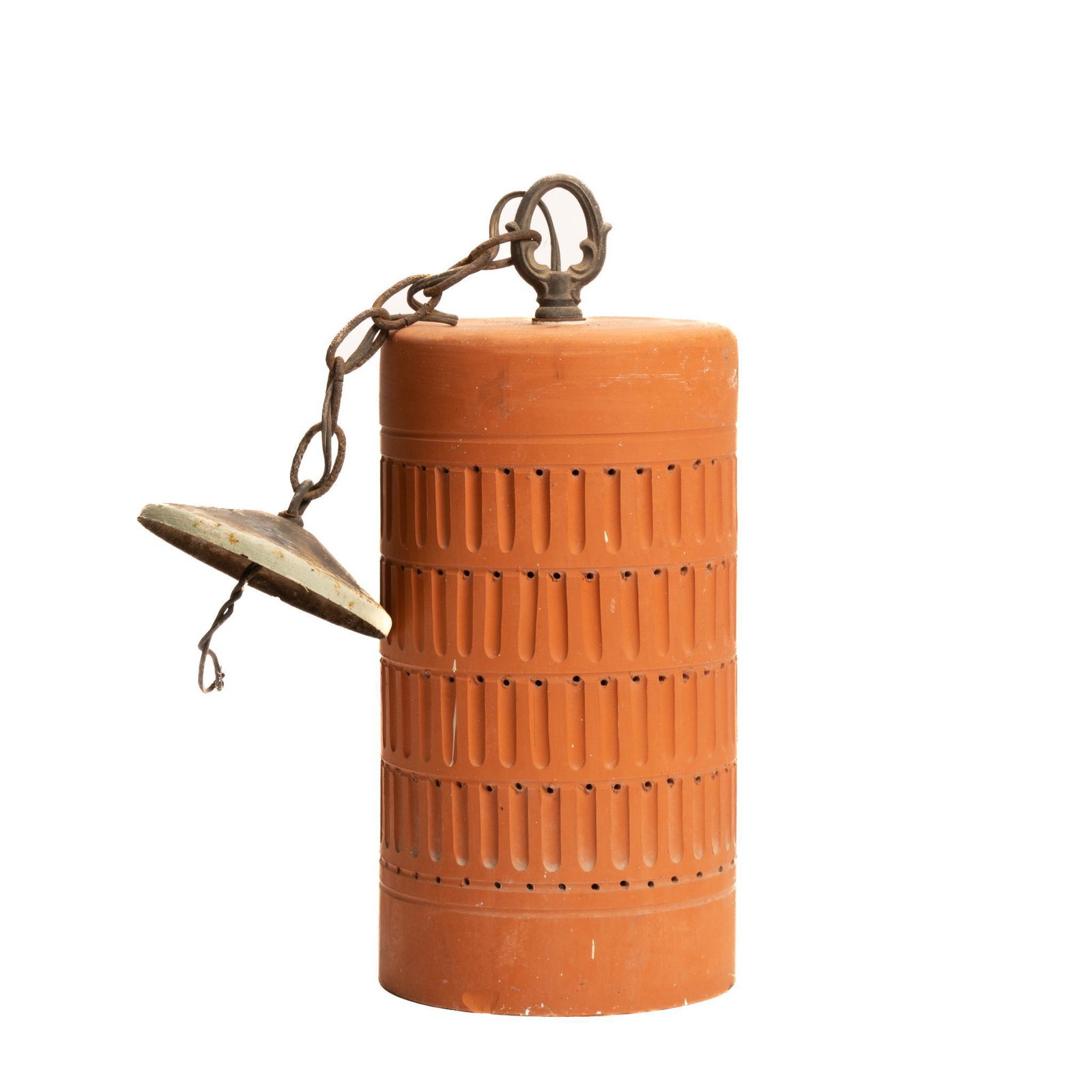 Beaumont Mood (San Antonio, TX) Light Fixture: Vintage perforated terracotta ceramic pendant light fixture, by acclaimed San Antonio maker Beaumont Mood, having geometric accents, to include wiring 16"h x 16.5"w x 6.5"d Provenance: A San Antoni