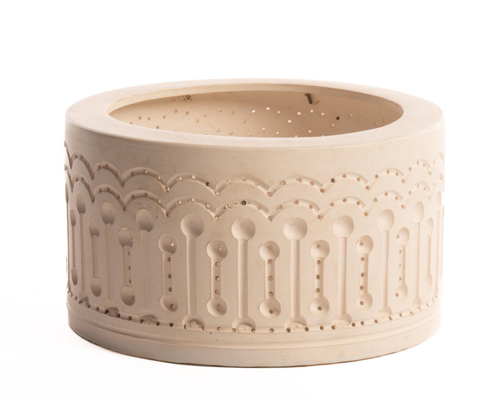 Beaumont Mood (San Antonio, TX) Light Fixture: Vintage perforated ceramic pendant light fixture by acclaimed San Antonio maker Beaumont Mood, having carved accents 6"h x 11"w x 11"d Provenance: A San Antonio, Texas collection We happily provid