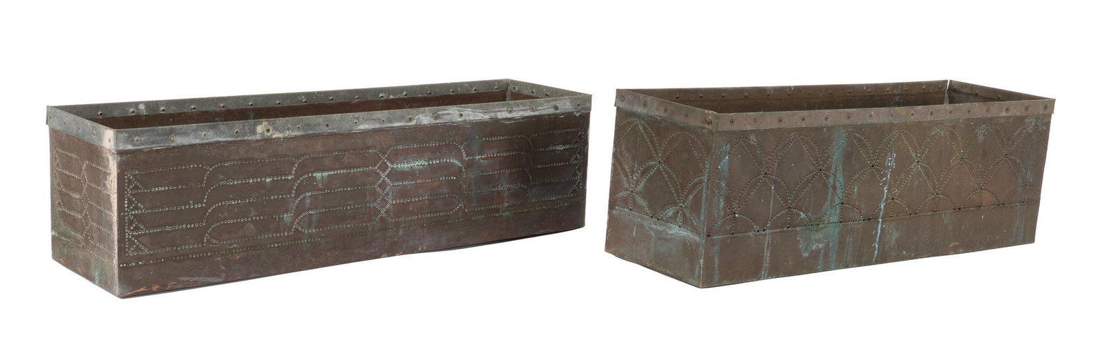 Isaac Maxwell (San Antonio, TX), Pair of Light Fixtures: Isaac Maxwell (San Antonio, TX), pair of punched metal light fixtures, featuring geometric motifs The spectacle of intricately patterned silhouette lighting is a distinctive experience provided by Isa