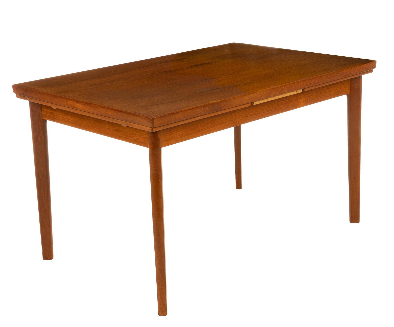 Danish Mid-Century Extending Dining Table: Danish Mid-Century extending dining table, having rectangular top, supported on tapered legs, extends to 90" 29"h x 51"w x 33.5"d We happily provide seamless shipping services on everything we sell. P