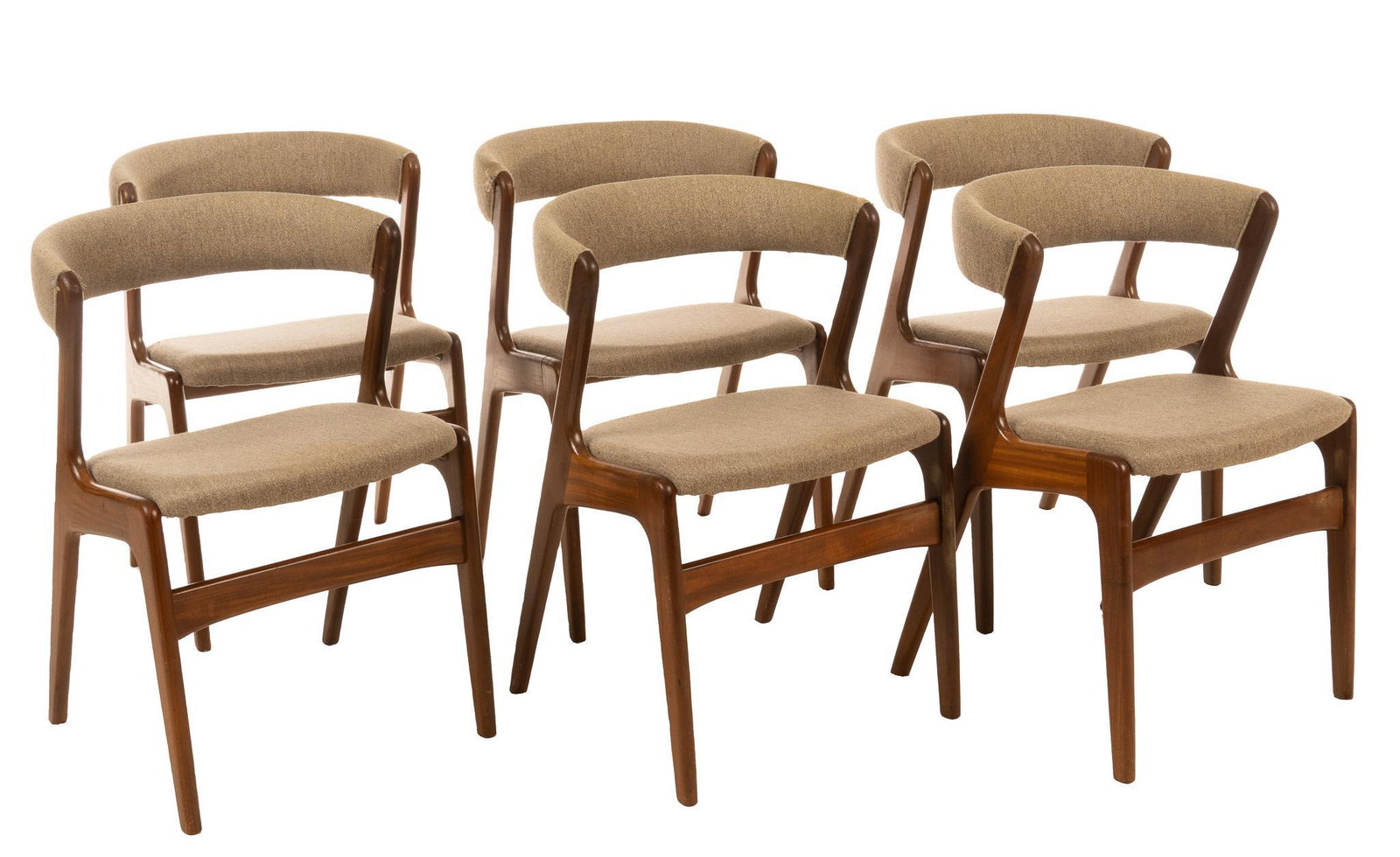 Set of (6) Danish Mid-Century Dining Chairs: Set of (6) matching Danish Mid-Century dining chairs, having curved backs, gray upholstery, supported on stretchered tapered legs 20"h x 19.5"w x 20"d Condition: minor wear to upholstery We happily pr