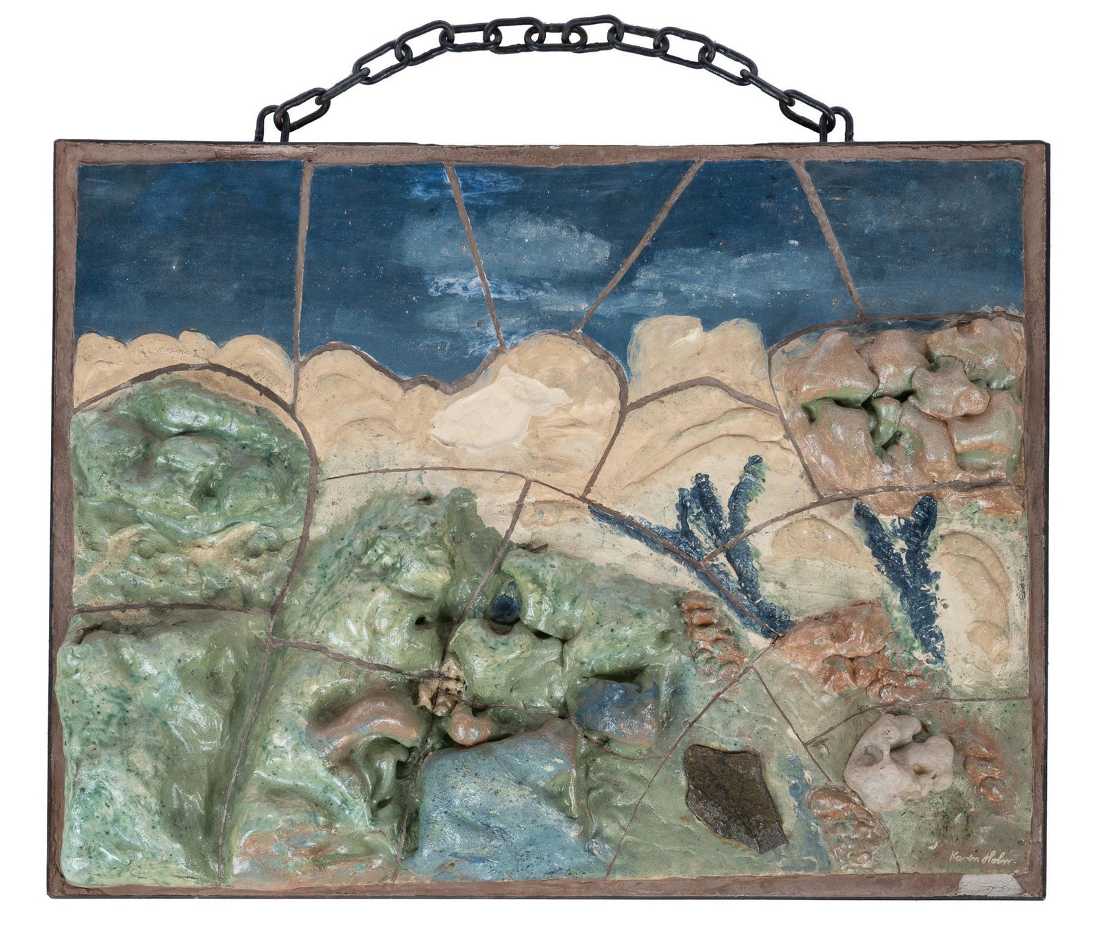 Mid-Century Hanging Mosaic: Mid-Century hanging mosaic, depicting surrealist landscape, glazed ceramic tile, set in cement support, featuring high relief sculptural elements, signed Karen Holm 22.5"h x 29.5"w x 4"d We happily pr