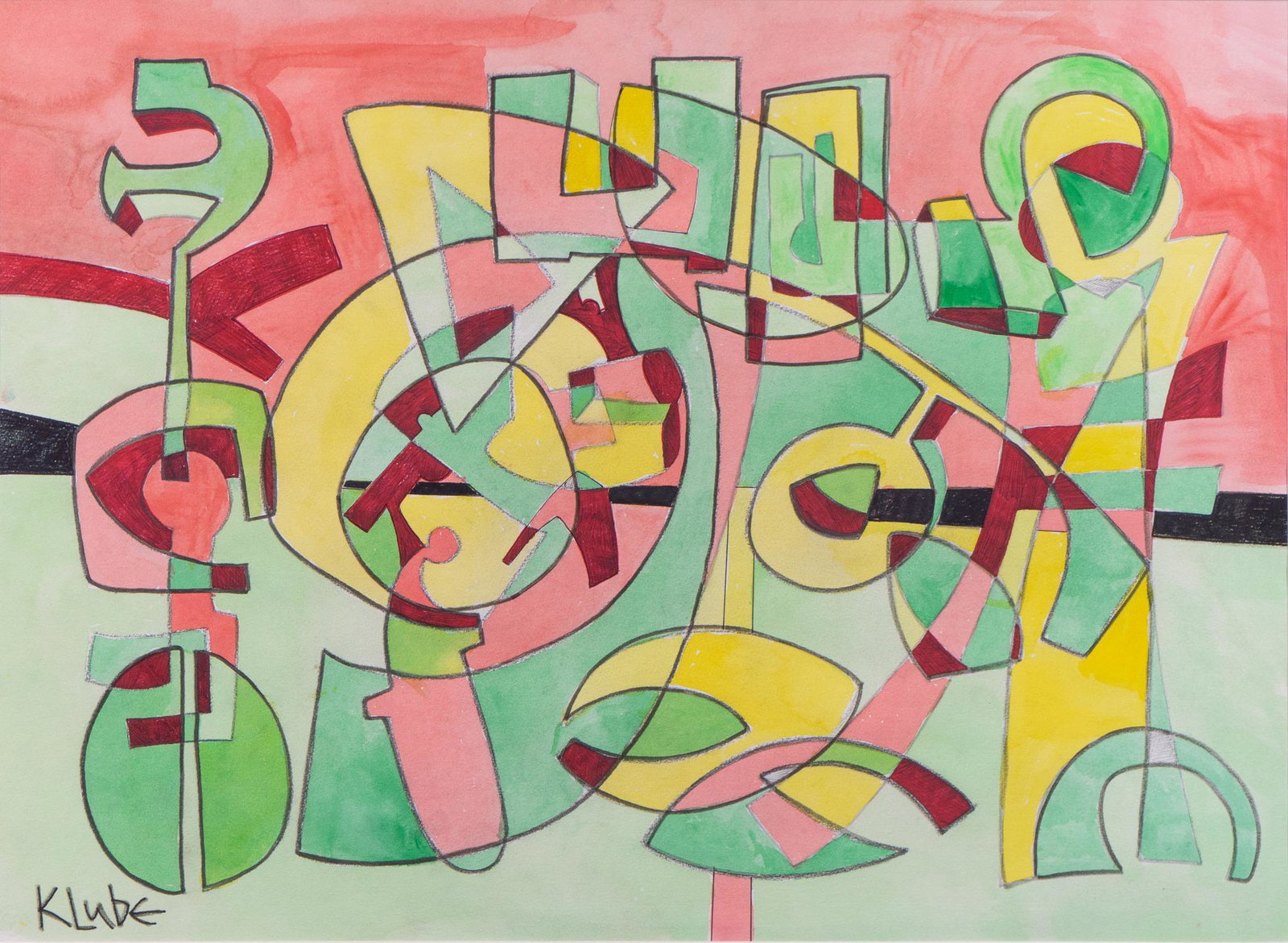 Karl James Lubbering (b. 1969, TX), Pink & Green Abstract Composition: Karl James Lubbering (b. 1969, Texas), pink & green abstract composition, pastel and watercolor on paper, sight: 21.5 x 30", frame: 33.5 x 41" Provenance: A San Antonio, Texas collection We happily pr