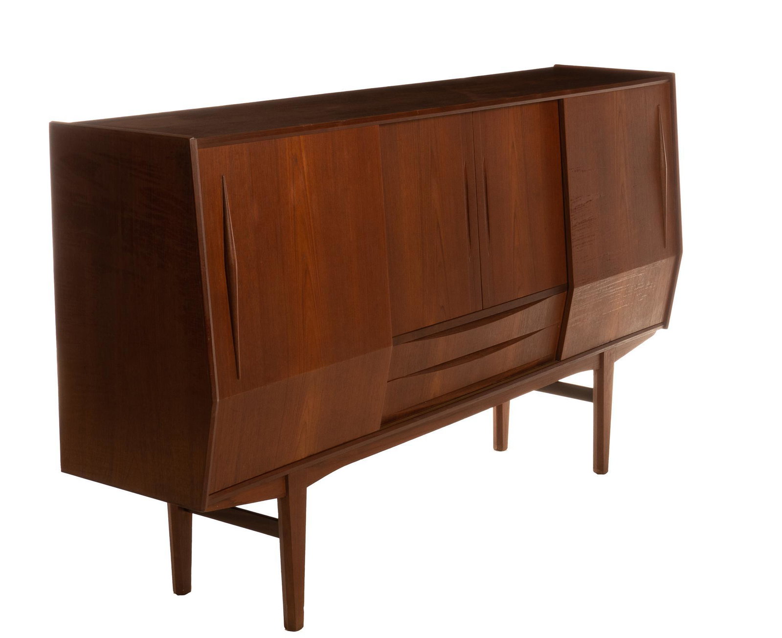 Danish Mid-Century Credenza: Danish Mid-Century credenza/sideboard, having sliding doors, leading to interior shelves, drawers, supported on stretchered tapered legs 45"h x 79"w x 16.5"d We happily provide seamless shipping servi