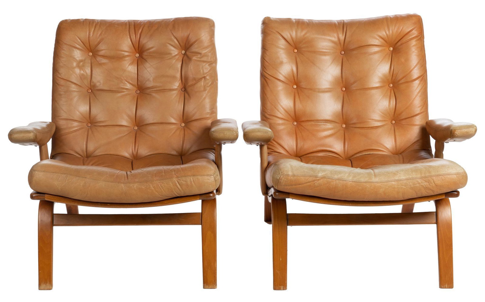 Pair of Gote-Mobler Mid-Century Tufted Leather Armchairs: Pair of matching Swedish Gote-Mobler Mid-Century tufted leather armchairs, supported in bentwood frames, marked 31"h x 29"w x 33"d We happily provide seamless shipping services on everything we sell. 