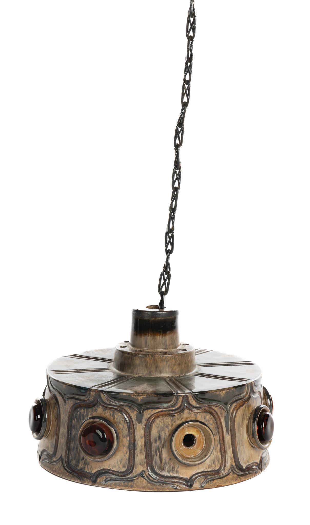 Jette Helleroe (20th C., DNK), Danish Mid-Century Ceramic Chandelier: Danish Mid-Century ceramic pendant chandelier, having drum shape, featuring glass portals, designed by Jette Helleroe (20th C. Denmark) for Axella, circa 1960, to include wiring, marked 8.5"h x 13.5"