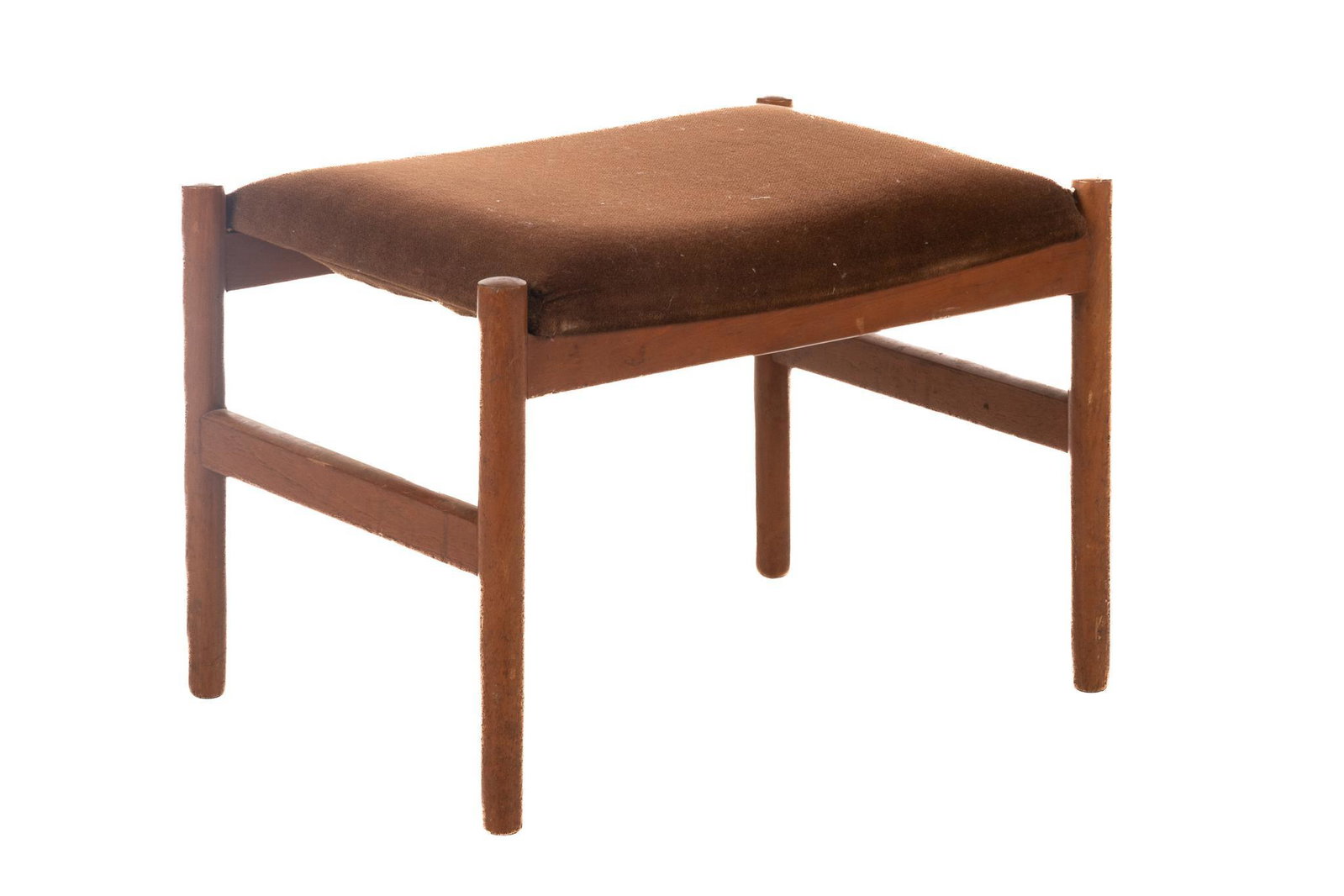 Danish Mid-Century Spottrup Footstool: Danish Mid-Century footstool, having wooden frame, supporting brown upholstery, rising on stretchered legs, marked 15"h x 21"w x 15"d We happily provide seamless shipping services on everything we sel