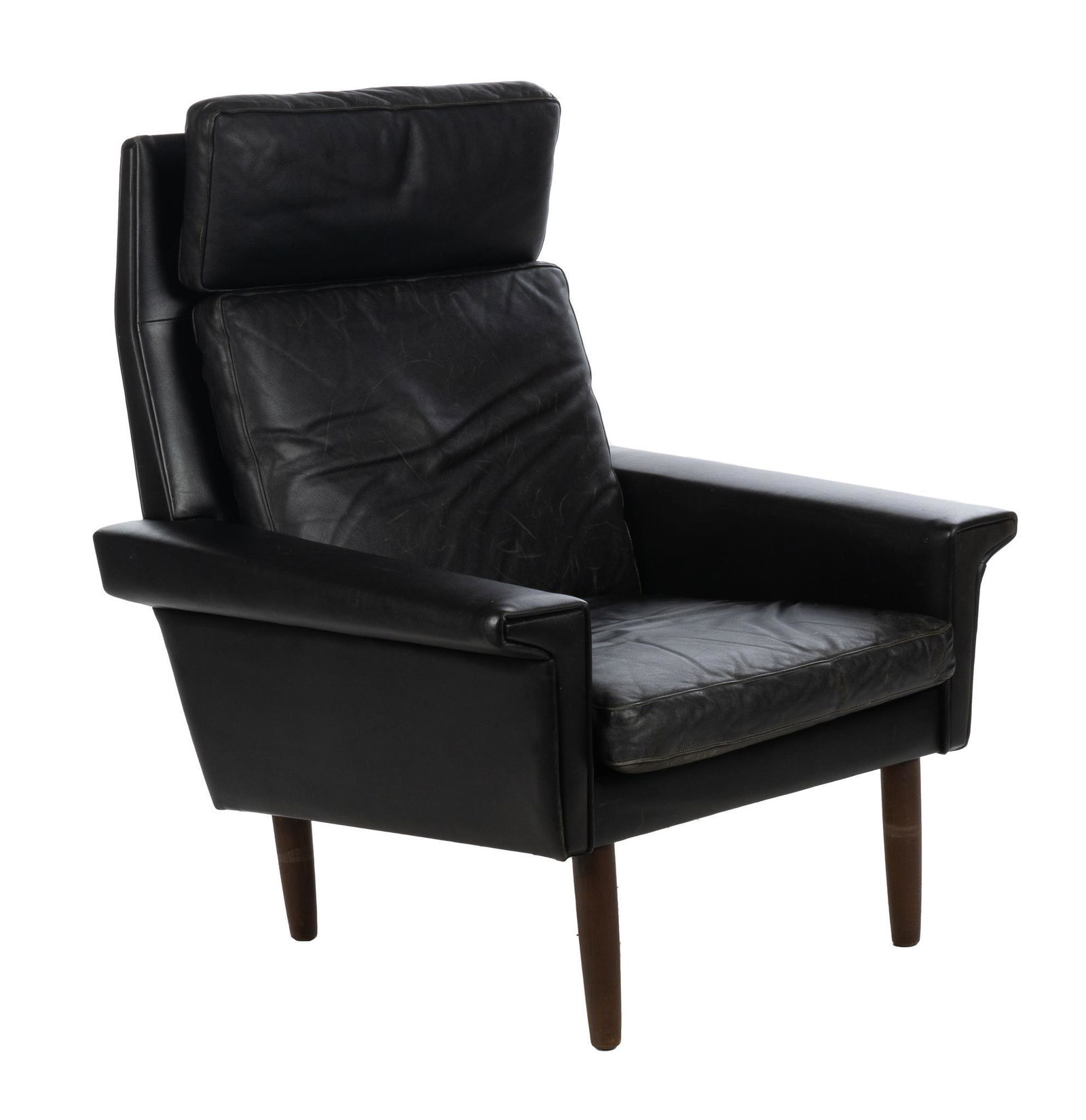 After Hans Olsen, Mid-Century Lounge Chair: After Hans Olsen, Mid-Century tub style lounge chair, featuring black leather upholstery, high back, flared arms, rising on pin legs 38"h x 32"w x 29"d We happily provide seamless shipping services
