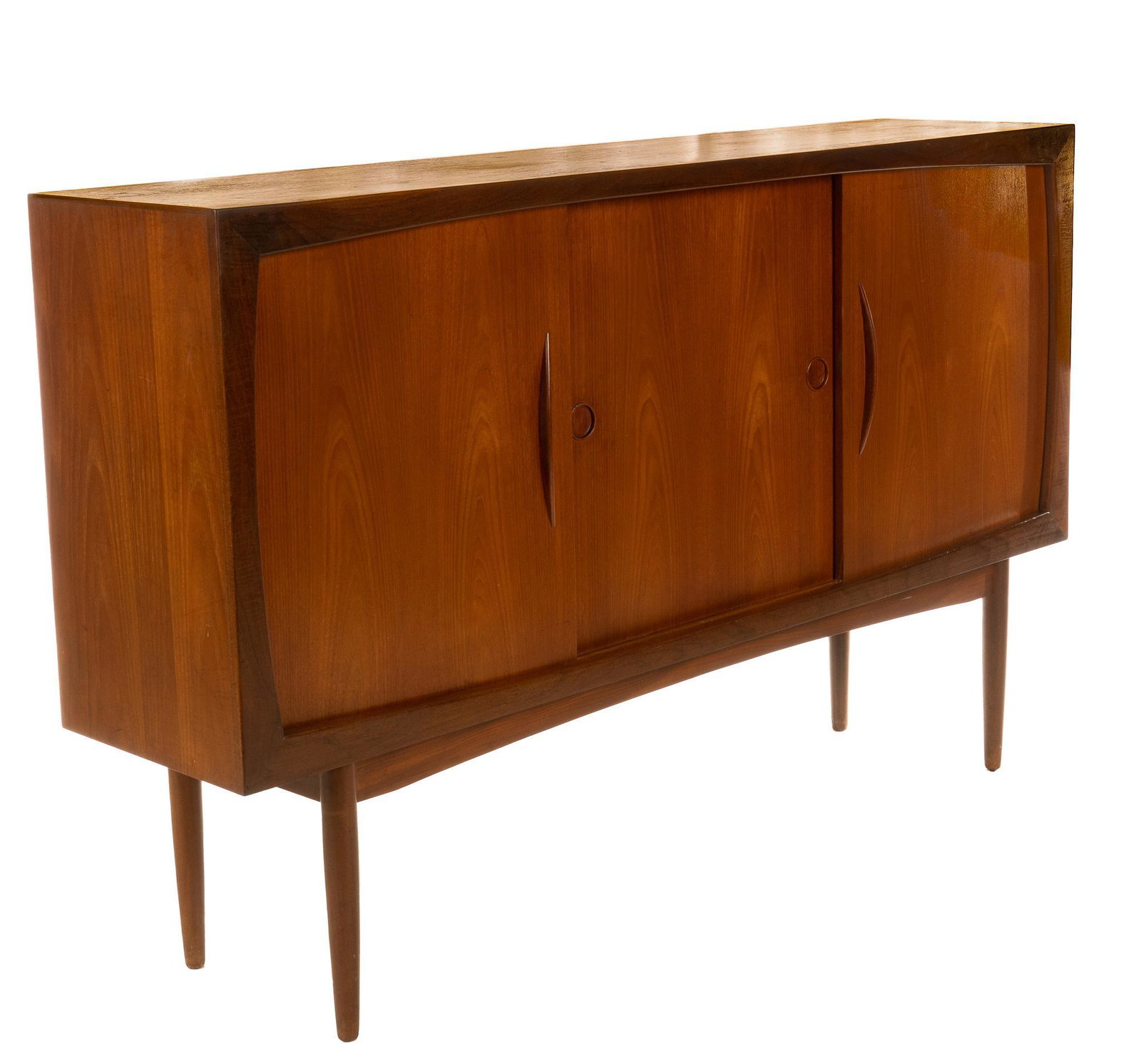 Danish Mid-Century Credenza: Danish Mid-Century credenza / sideboard, having sliding doors, opening to mirror backed interior with shelf, above row of felt lined drawers, flanked by shelves, rising on pin legs 45"h x 73"w x 17"d 