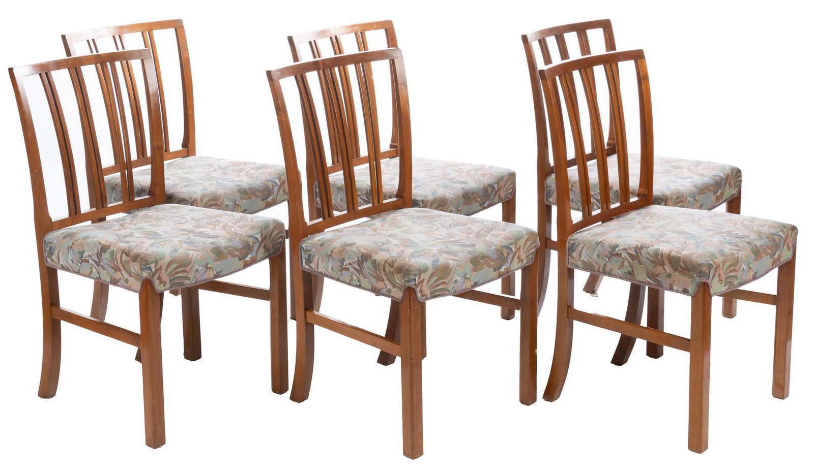 Set of (6) Danish Mid-Century Dining Chairs: Set of six matching Danish Mid-Century dining chairs, featuring foliage patterned upholstery, supported in wooden frame, with square backs 34.5"h x 18"w x 18"d We happily provide seamless shipping ser