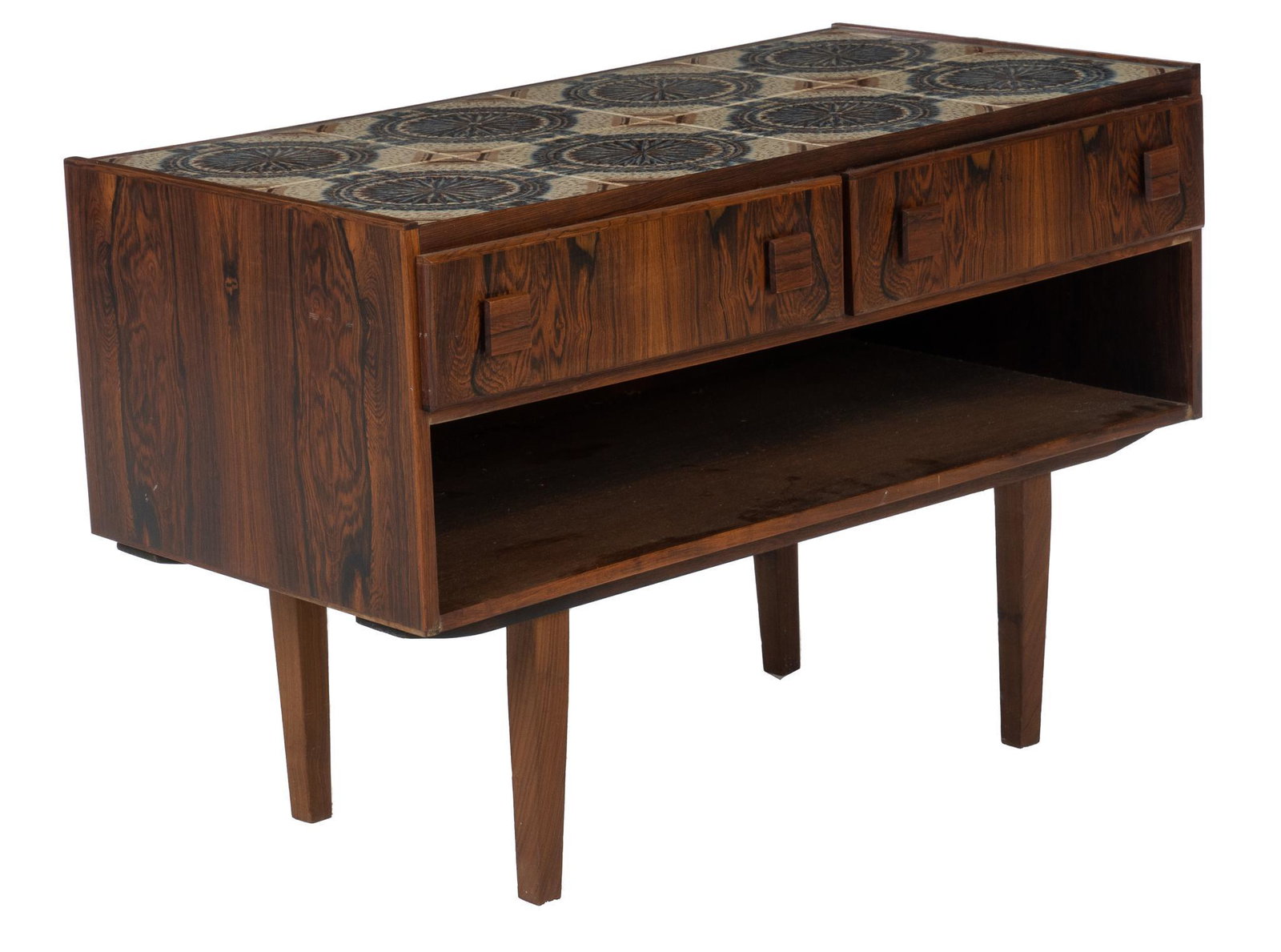 Danish Mid-Century Tile Top Console Table: Danish Mid-Century tile top console table, featuring ceramic tile inlay, with rosette motif, above drawers, open storage space 22"h x 33"w x 17"d We happily provide seamless shipping services on every