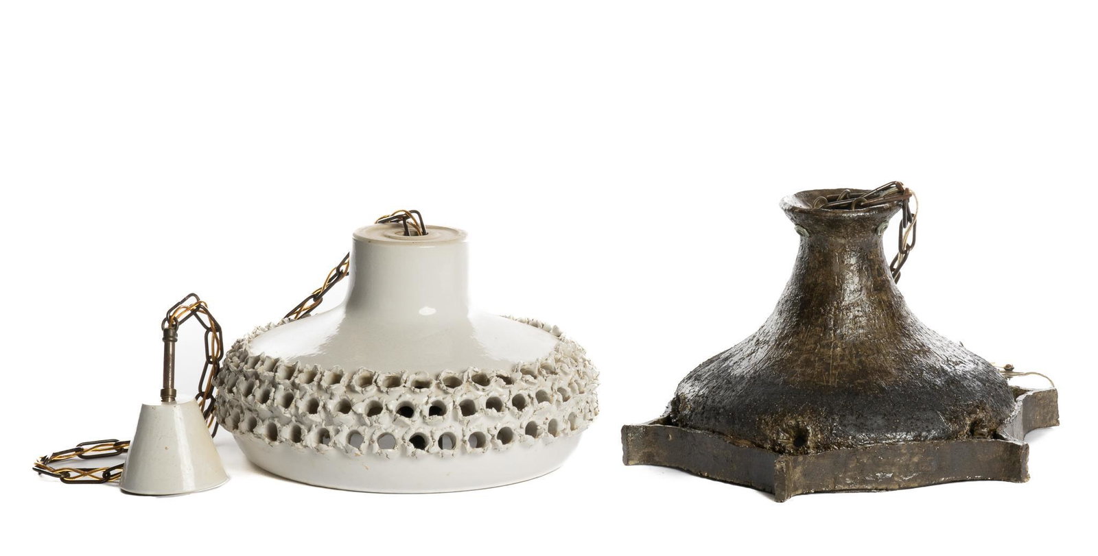 Pair of Mid-Century Ceramic Chandeliers: Pair of Mid-Century ceramic pendant chandeliers, featuring perforated, incised accents, one marked "Axella / Design / Stentoj", both to include European wiring 9"h x 16"w x 16"d We happily provide sea