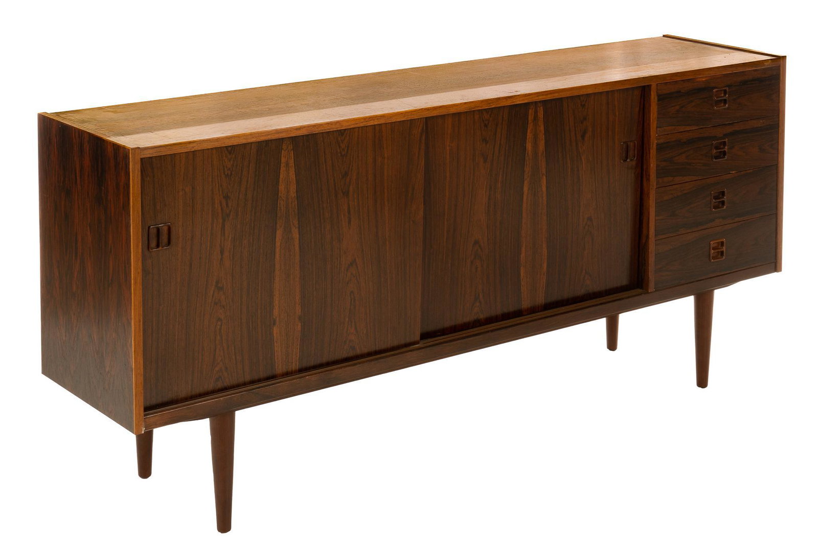 Danish Mid-Century Credenza: Danish Mid-Century credenza / sideboard, having stack of drawers, sliding doors leading to interior shelves 32"h x 71"w x 16.5"d We happily provide seamless shipping services on everything we sell. Pl