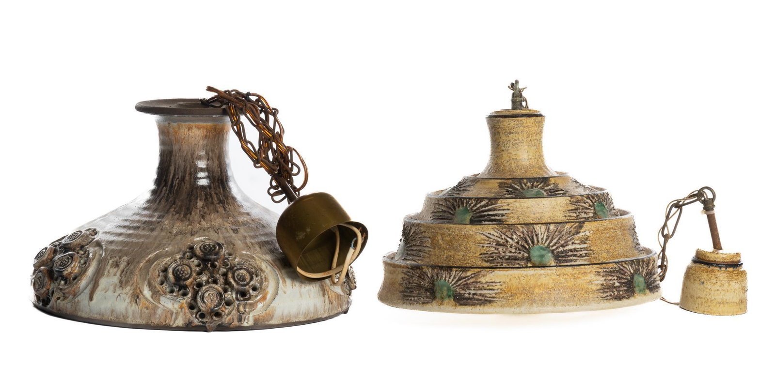 Pair of Danish Mid-Century Ceramic Chandeliers: Pair of Danish Mid-Century ceramic pendant chandeliers, featuring sculpted, perforated, incised accents, one chandelier by Jette Helleroe (20th C., Denmark) for Axella, signed, marked, to include Euro