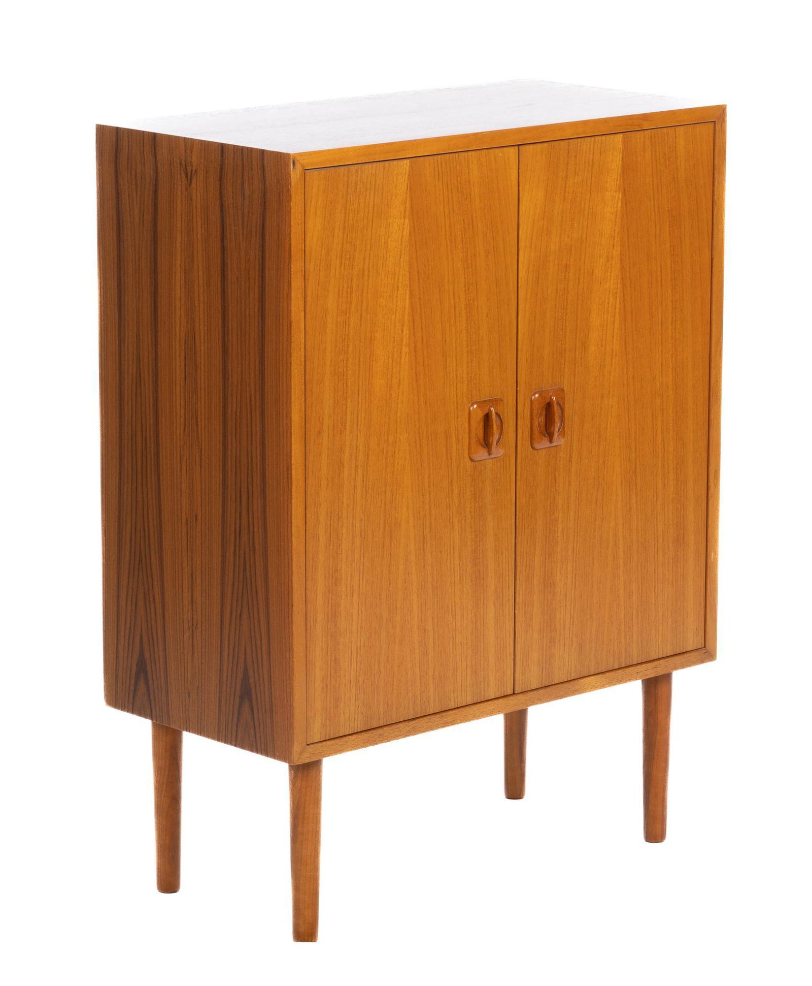 Danish Mid-Century Cabinet: Danish Mid-Century cabinet, having doors, featuring polished pulls, opening to interior shelf, supported on pin legs, marked "made in Denmark" 32"h x 24"w x 12"d We happily provide seamless shipping