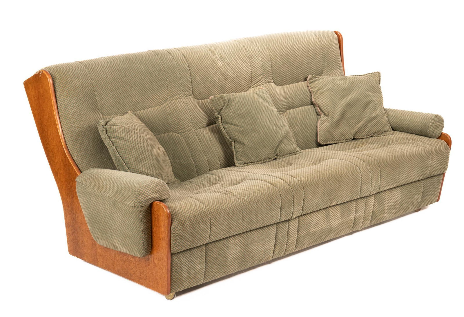 V.B Wilkins (1878-1972, UK), Mid-Century 3 Seater Sofa: V.B. Wilkins (1878-1972, United Kingdom), designed for G Plan, Mid-Century three-seater sofa, featuring green checkered upholstery, supported in wooden frame, to include pillows, supported on period c