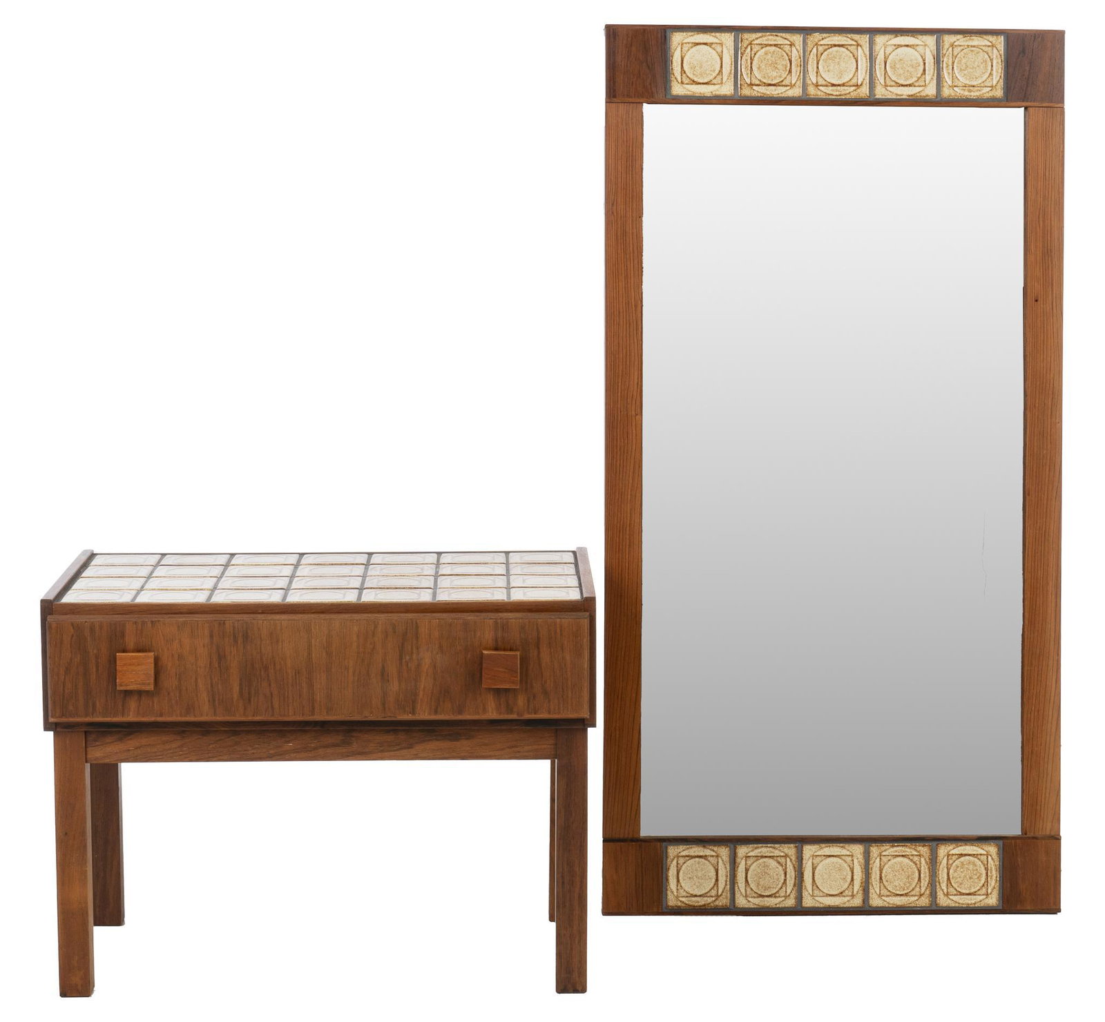 Danish Mid-Century Tile Frame Mirror & Console: Danish Mid-Century tile frame mirror, featuring geometric motif, to include matching table, with drawer 41"h x 23"w x 13"d We happily provide seamless shipping services on everything we sell. Please e
