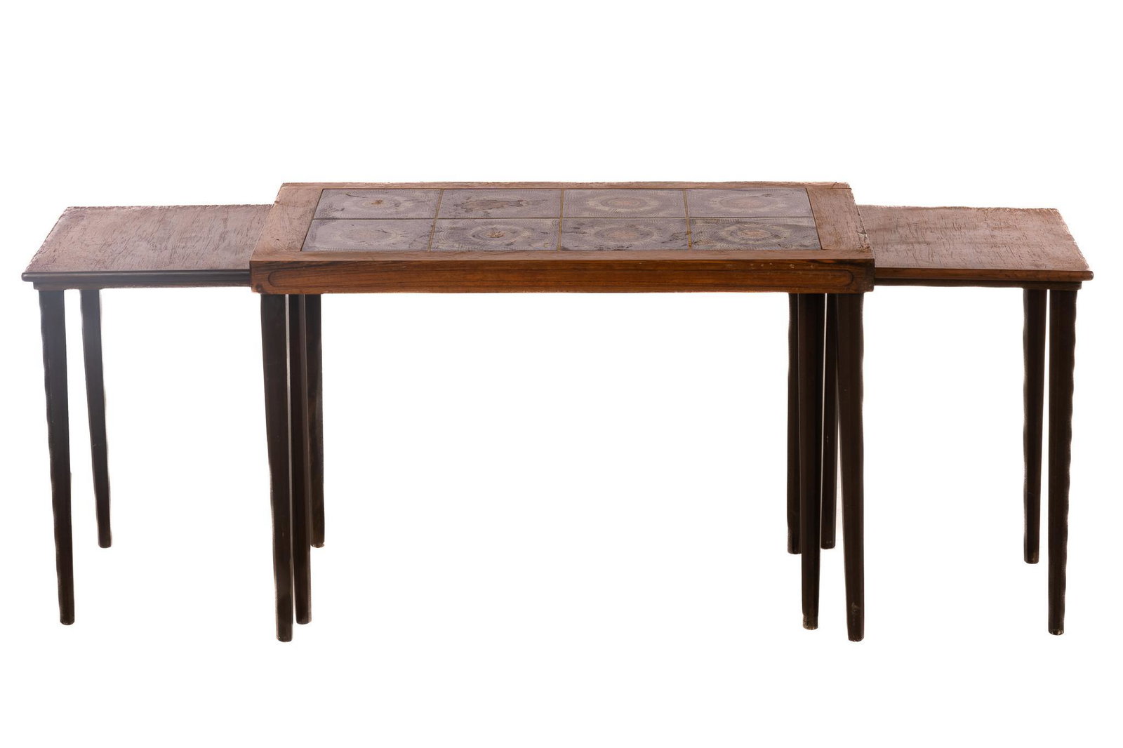 Danish Mid-Century Nest of Tables: 3 piece nesting set of Danish Mid-Century tables, having larger side table with tile top and two matched side tables 19"h x 28.5"w x 15.5"d We happily provide seamless shipping services on everything 