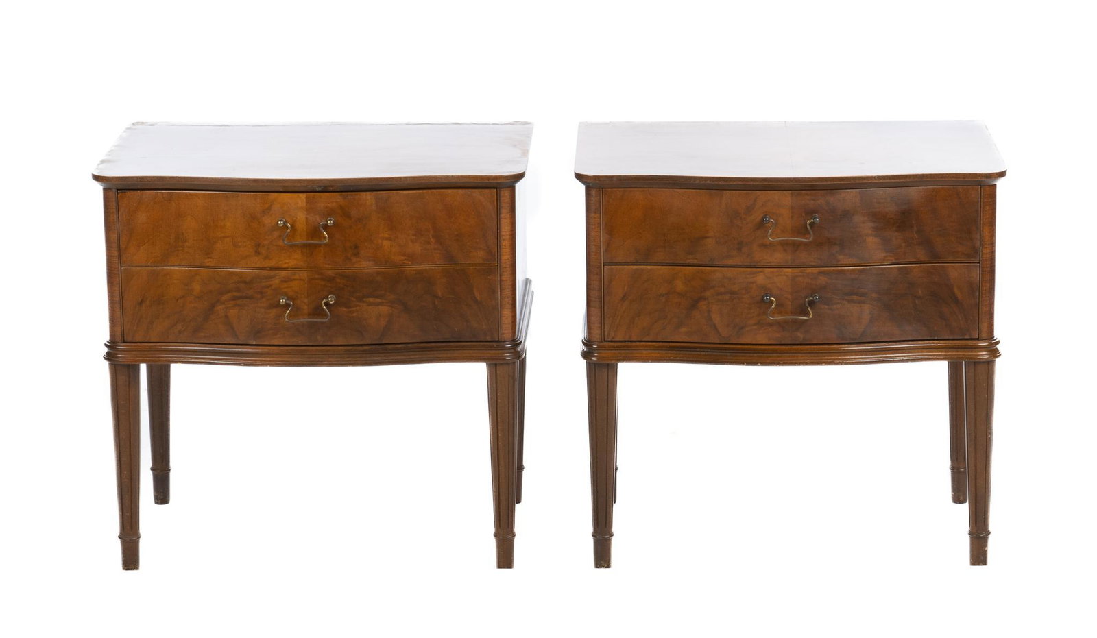 Pair of Vintage Danish Nightstands: Pair of matching Vintage Danish nightstands, featuring serpentine tops, above two drawers, rising on fluted legs 20"h x 21"w x 14.5"d We happily provide seamless shipping services on everything we sel