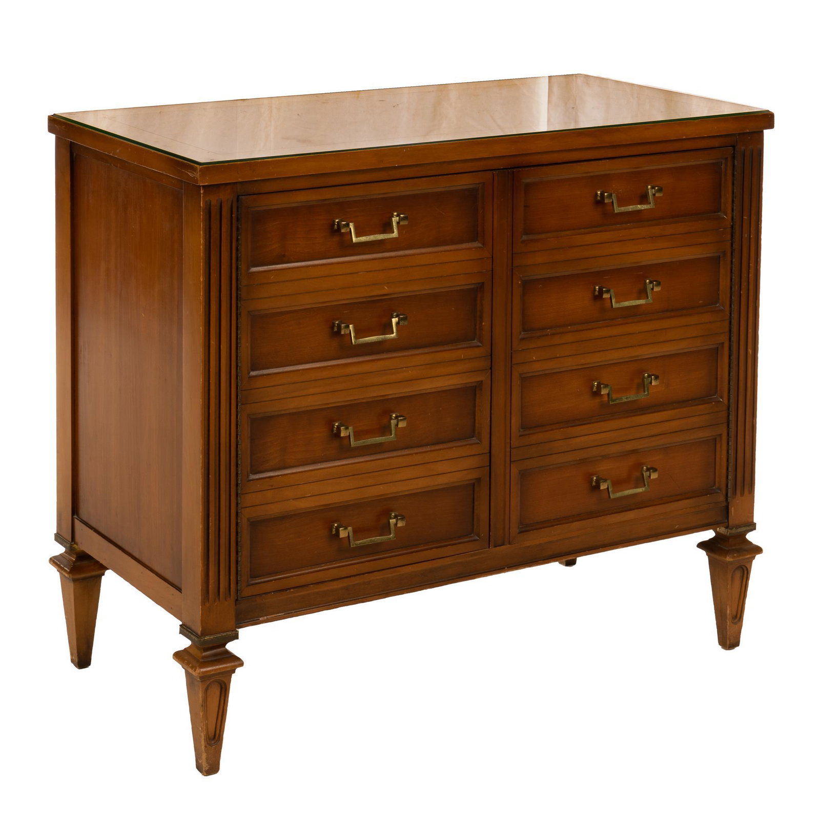 Neoclassical Style Lane Chest: Neoclassical style Lane chest, having cabinet doors, featuring faux drawer exterior, brass pulls, opening to interior cedar-lined shelves, supported on spade legs, marked 32"h x 37"w x 18.5"d Provenan