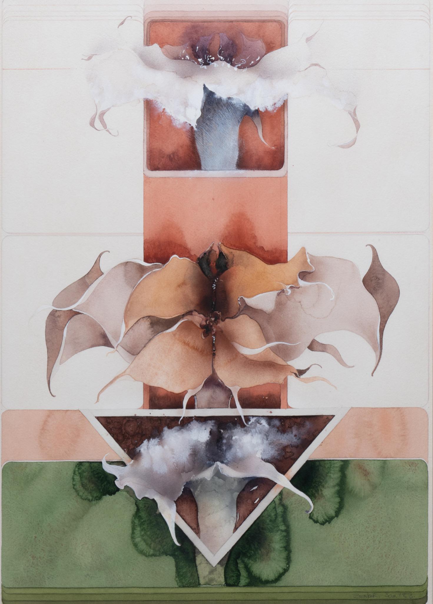 Kenneth Zonker (American/Texas, 1941-2002), Abstract Flower Watercolor, 1983 (1 of 4)