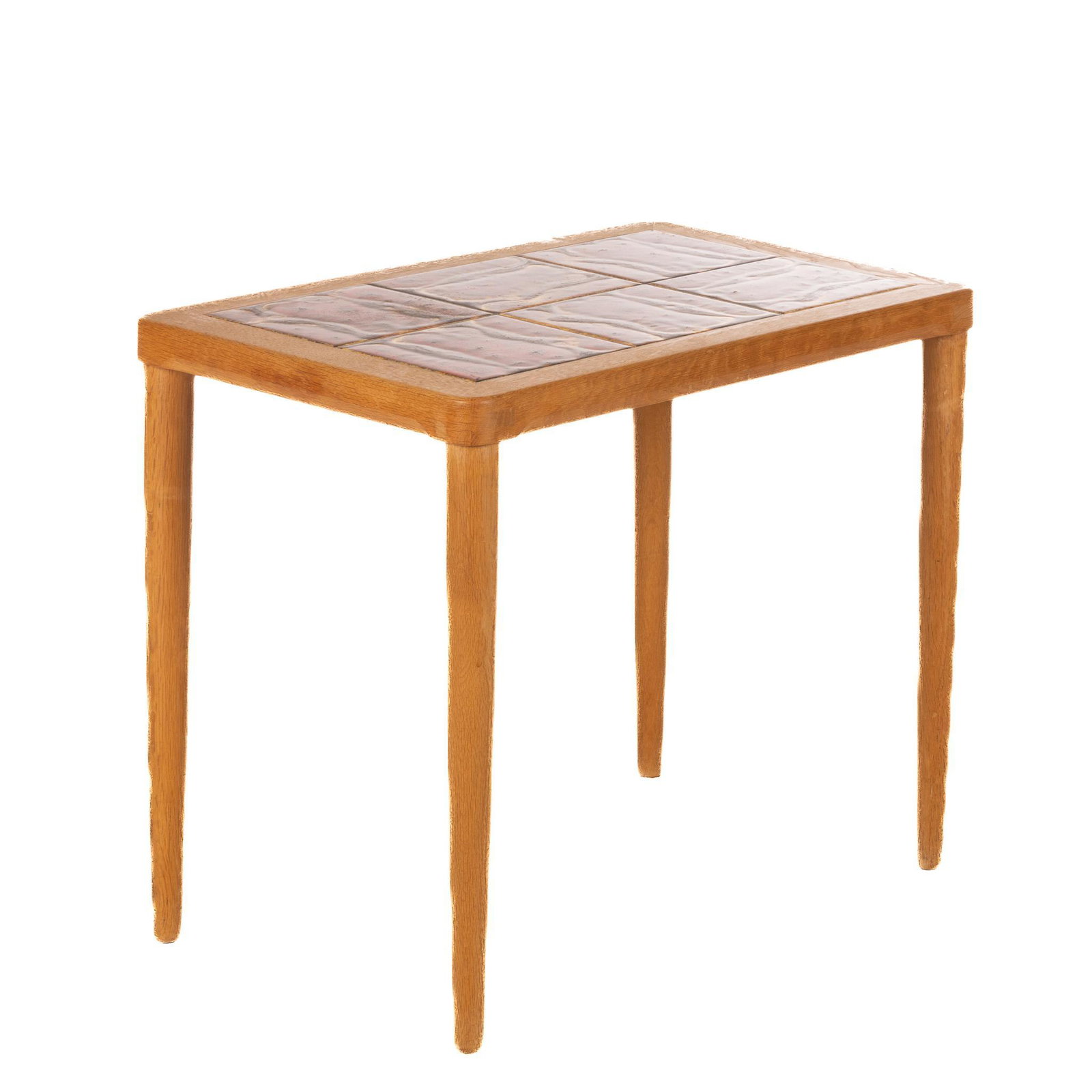 Danish Mid-Century Tile Top Table: Danish Mid-Century tile top table, featuring tile inlay, with organic polychrome motif, supported on pin legs 21"h x 22.5"w x 15.5"d We happily provide seamless shipping services on everything we sell