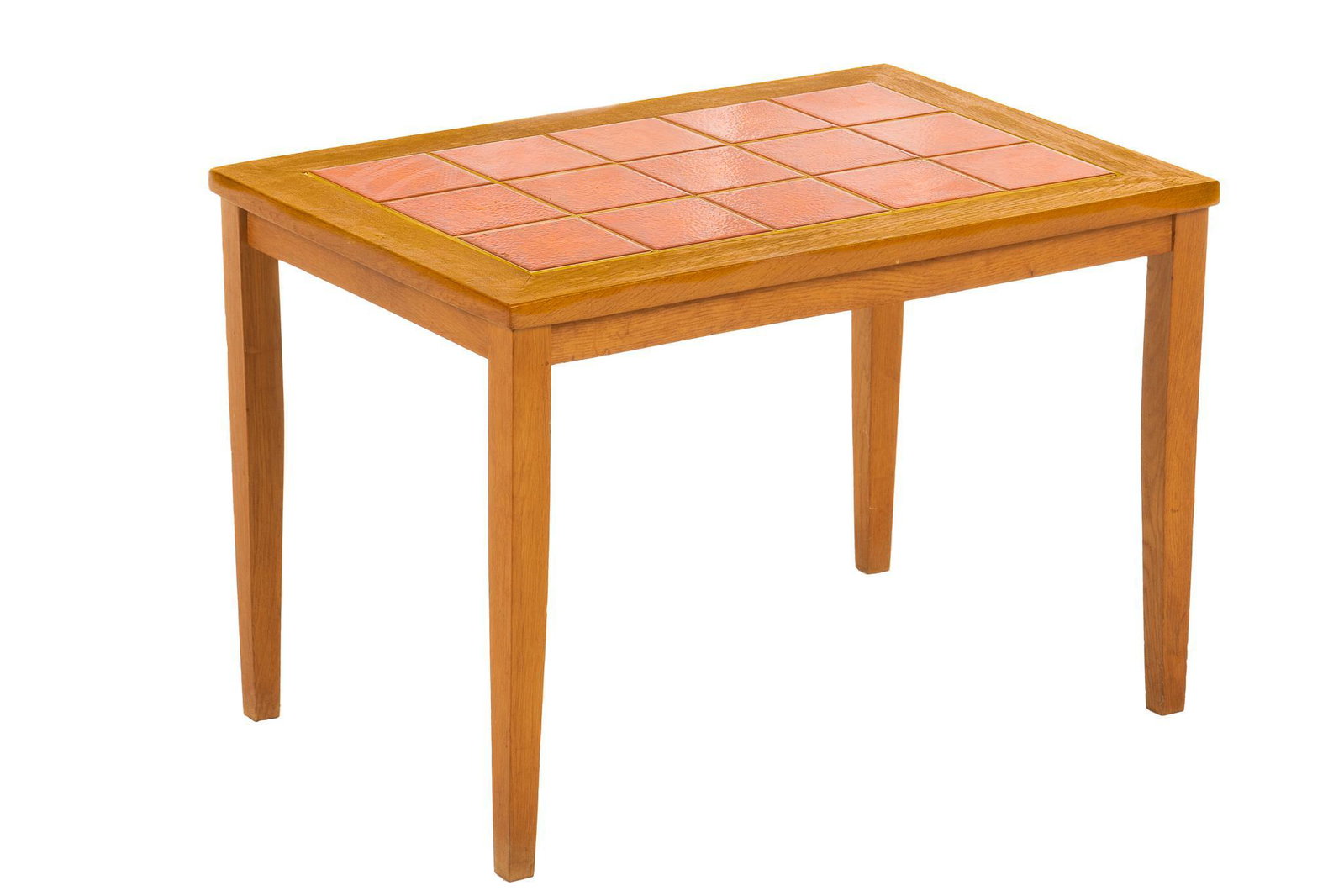 Danish Mid-Century Tile-Top Table: Danish Mid-Century tile top coffee table, featuring red square tile inlay, with abstract sunburst design, supported on tapered legs 18"h x 26"w x 17"d We happily provide seamless shipping services on 