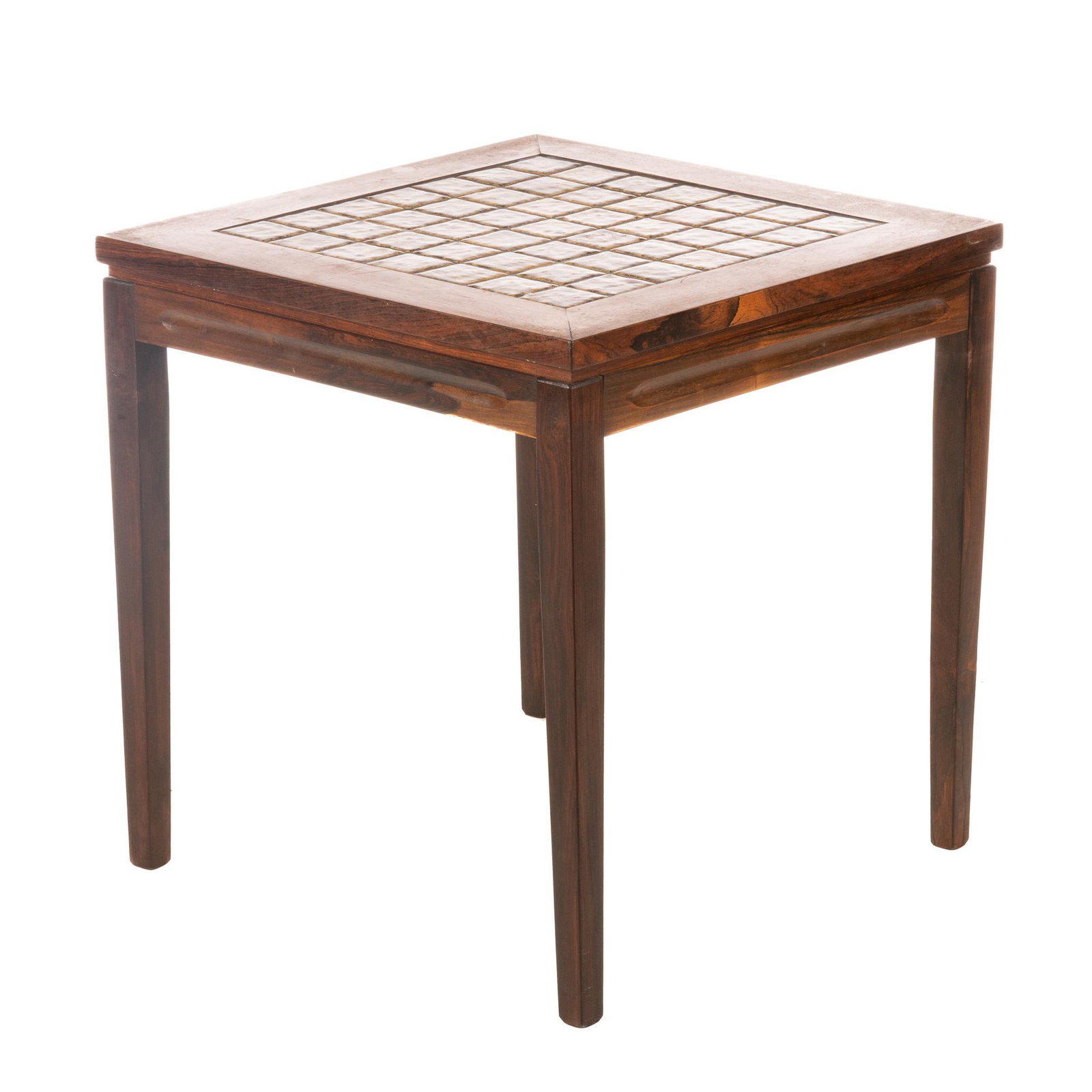 Danish Mid-Century Tile Top Side Table: Danish Mid-Century tile top side table, featuring ceramic tile inlay, with painted green and red motif, rising on pin legs 21"h x 20"w x 20"d We happily provide seamless shipping services on everythin