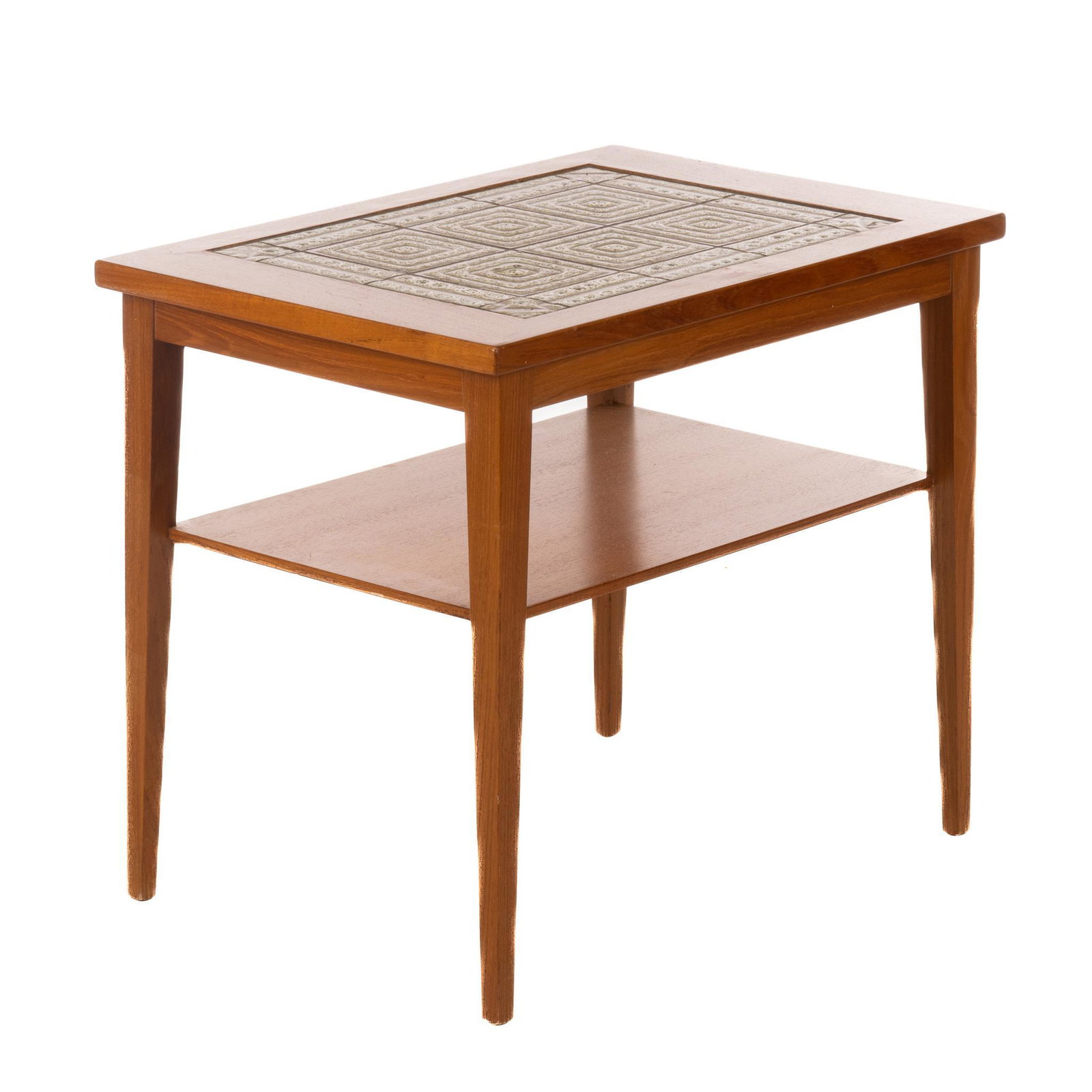 Danish Mid-Century Two-Tiered Tile Top Side Table: Danish Mid-Century two-tiered side table, featuring tile top inlay, with geometric motif, rising on pin legs 20"h x 23"w x 16"d We happily provide seamless shipping services on everything we sell. Ple