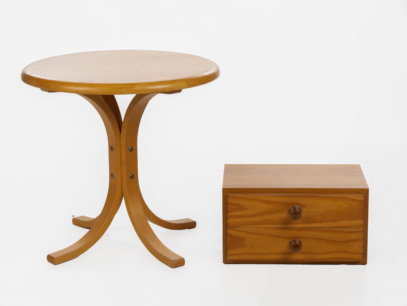 Danish Mid-Century Side Table & Nightstand: Pair of Danish Mid-Century side furniture pieces, to include side table, having round top, supported on bentwood pedestal base, floating wall mounted nightstand, having two drawers 20.5"h x 21"d / tal