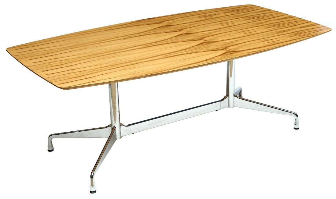 Charles Eames (1907-1978) for Vitra, Segmented Table: Charles Eames (1907-1978) for Vitra, Mid-Century segmented table, featuring dark wood top over chrome base, top marked Made in Denmark, base marked with original Vitra mark "Social gatherings at the h