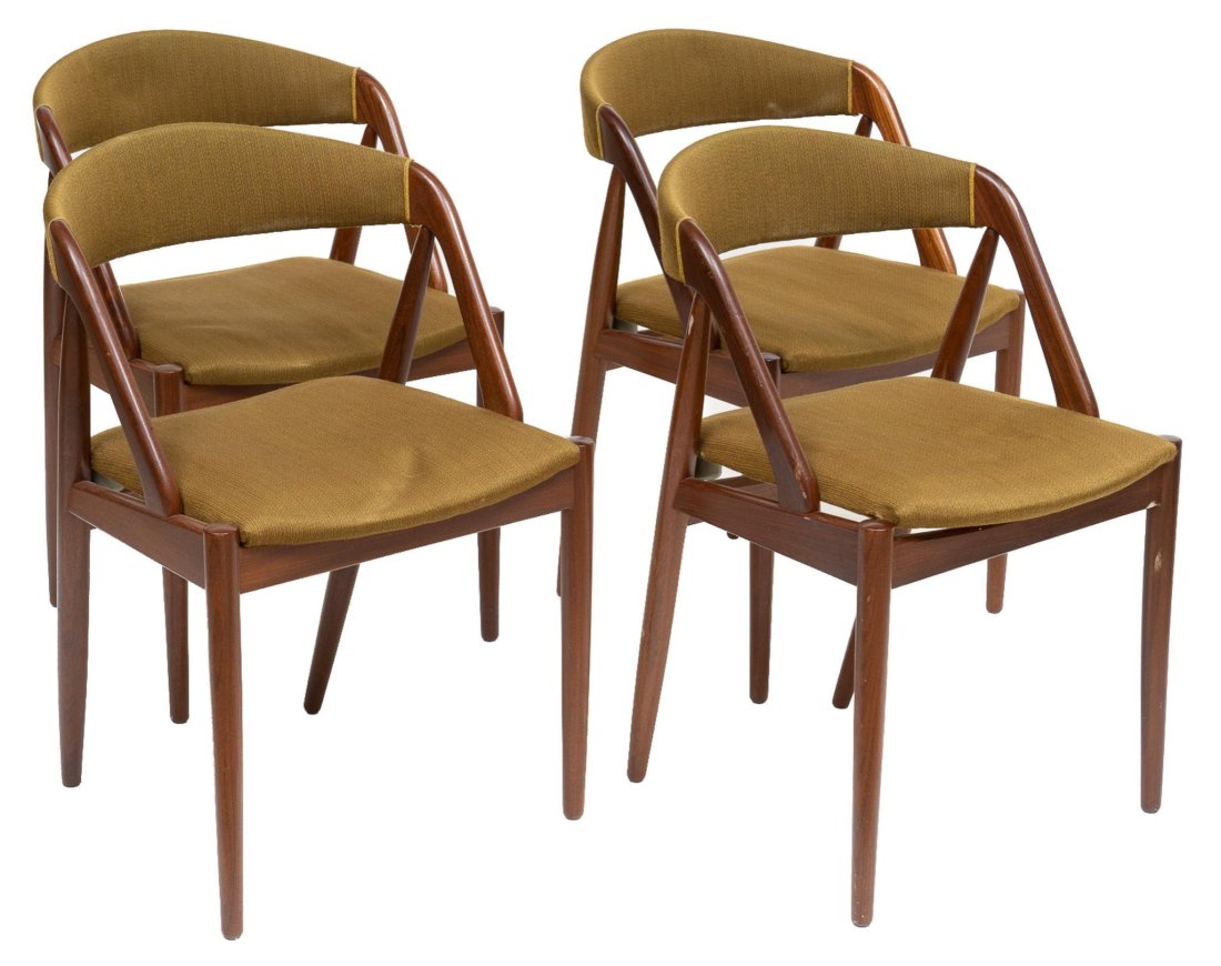 Set of Four Danish Mid-Century Dining Chairs: Set of four Danish Mid-Century open back chairs, having green upholstery. 28"h x 19"s/ each We happily provide seamless shipping services on everything we sell. Please email us at shipping@vogtauction