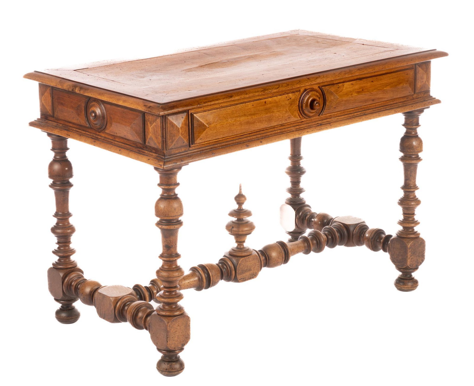 Louis XIII-style Desk: Louis XIII-style desk having rectangular surface above single drawer, supported on heavily turned stretchered frame with central finial, walnut, circa 19th century 28"h x 39"w x 24"d We ha