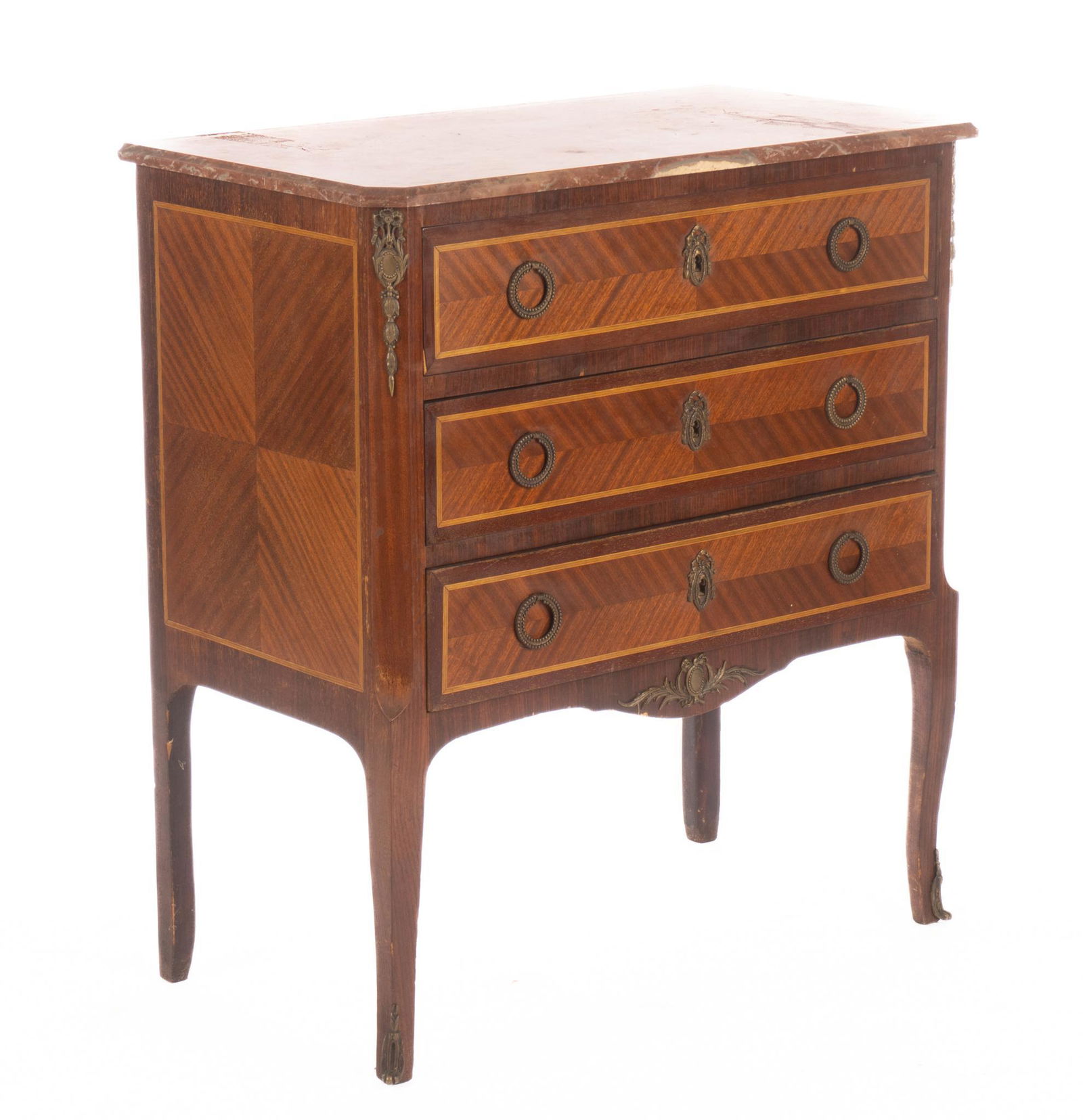 Louis XVI Style Marble Top Commode: Louis XVI style commode, having marble top, above stack of drawers, featuring parquetry inlay, rising on cabriole legs 32"h x 29"w x 16"d We happily provide seamless shipping services o