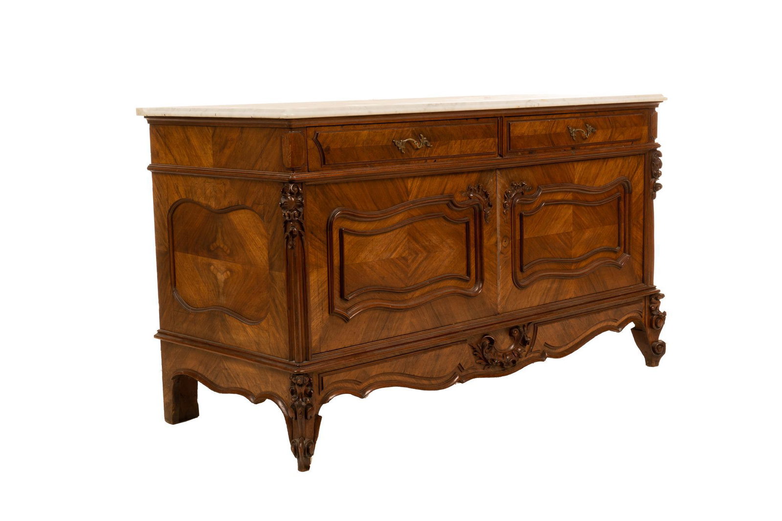 Louis XV Style Enfilade: Louis XVI style enfilade, having marble top, above drawers, doors, featuring parquetry, opening to interior storage, rising on cabriole legs 31"h x 53"w x 24"d Provenance: A San Antonio, T