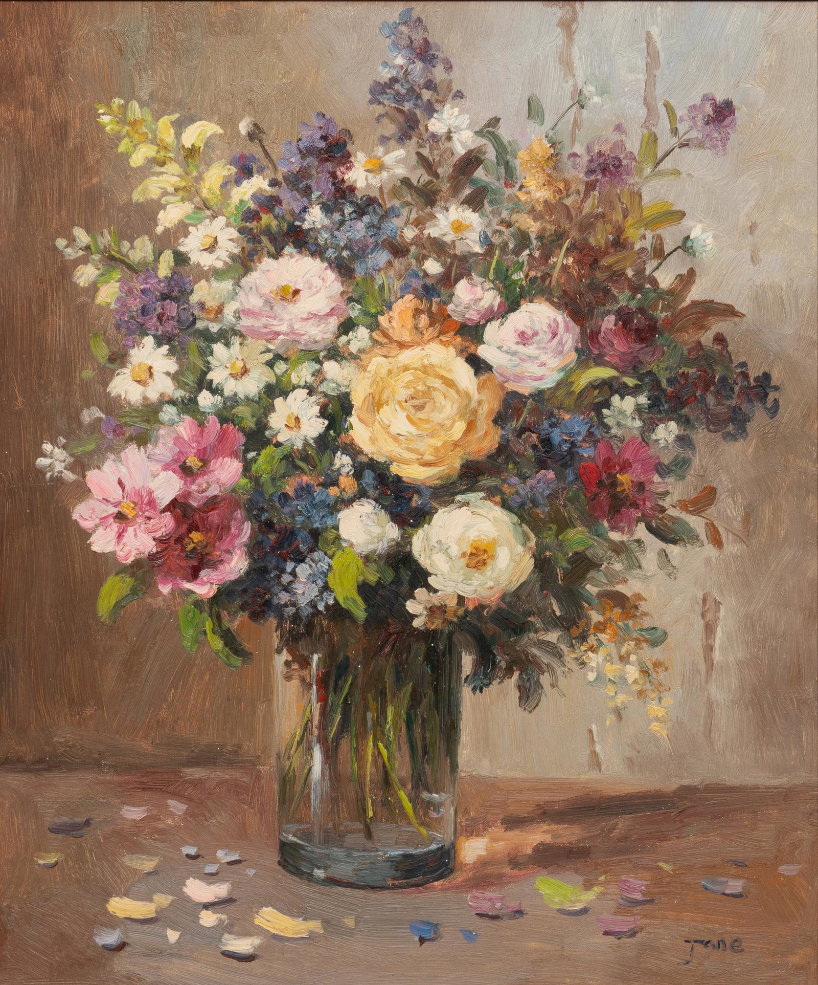 Jane, Bouquet of Flowers: Jane, bouquet of flowers, oil on canvas, sight: 23.5 x 19.5", frame: 33 x 31" Provenance: The estate of noted oncologist Dr. Dennis Birenbaum, Dallas, Texas We happily provide seamless shippin