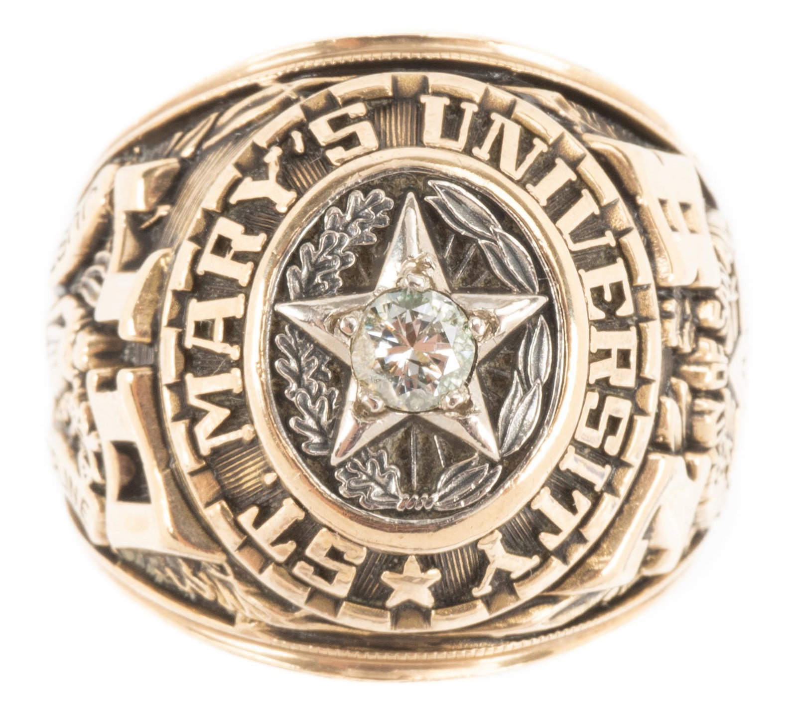 1978 St Mary's University 10k Gold Class Ring: 1978 St Mary's University, San Antonio Texas, class ring of 10k yellow gold with diamond (approx .25ct) Ring size 9; total weight 20.4 grams Provenance: The Estate of Tom Benson (Canyon Lake, Texa