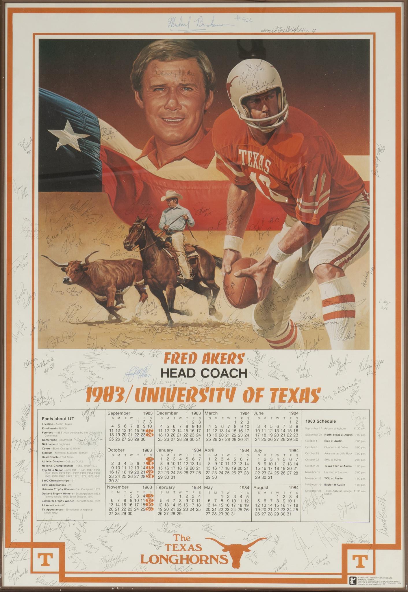 1983 University of Texas Team Signed Calendar: University of Texas team signed calendar including Head Coach Fred Akers. Team went 11-0. 34"h x 23"w Provenance: The Estate of Larry Falk, University of Texas at Austin Assistant Athletic Director