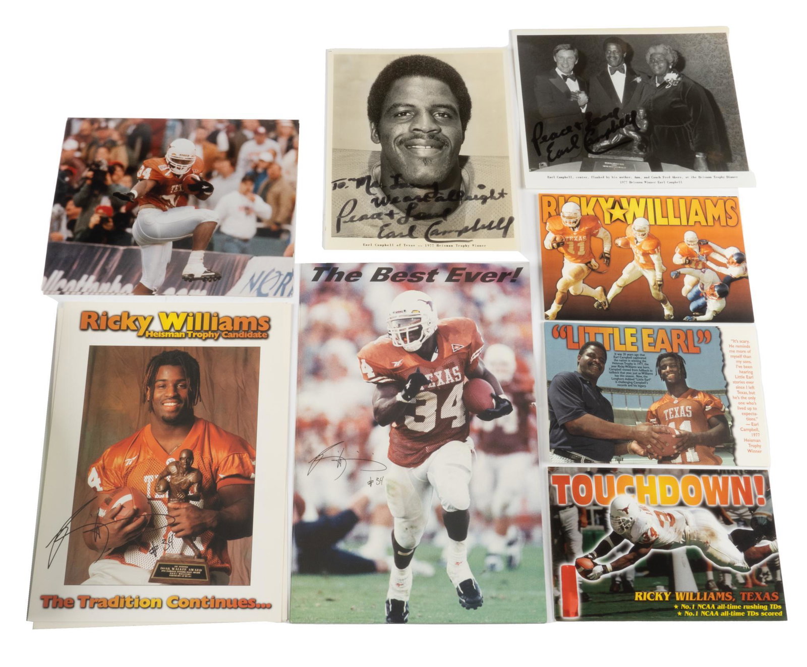 Set of 8 Earl Campbell and Ricky Williams Autographed Photos: Set of 8 Earl Campbell, University of Texas running back and Heisman winner, signed phots to Larry Falk and Ricky Williams, University of Texas running back and Heisman winner, signed photos. 14"h x 9