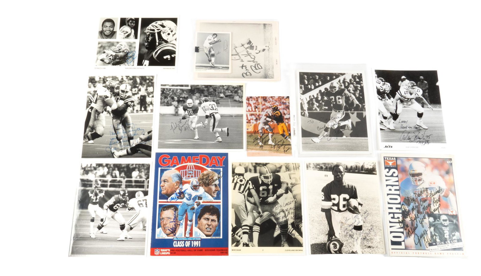 Set of 12 NFL Player Signed Photographs and Programs: Set of NFL player photographs signed to Larry Falk, including Jethro Pugh, Bob Hayes, Adam Schrieber, Rick Kolodzie, Jerry Gray, Mike Baab, Terry Metcalf, and a NFL Gameday Hall of Fame program signed