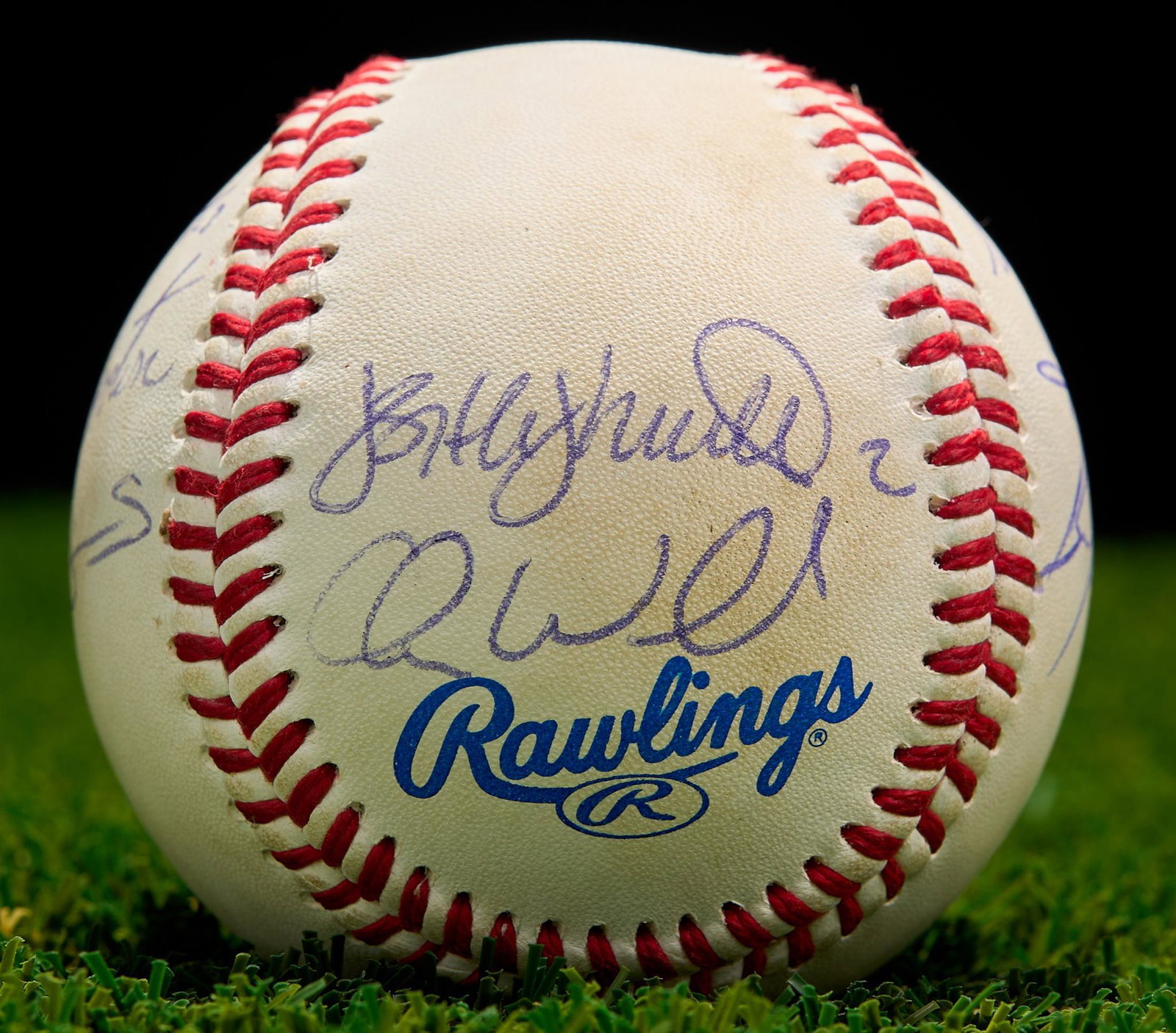 University of Texas Alumni Game Signed Rawlings Big XII Baseball: Rawlings Big XII baseball signed by the University of Texas alumni for the official alumni game. Including #2 Jeff Schults, #23 Brook Kieschnick, #23 Dustin Majewski and Burt Hooton. Provenance: The E