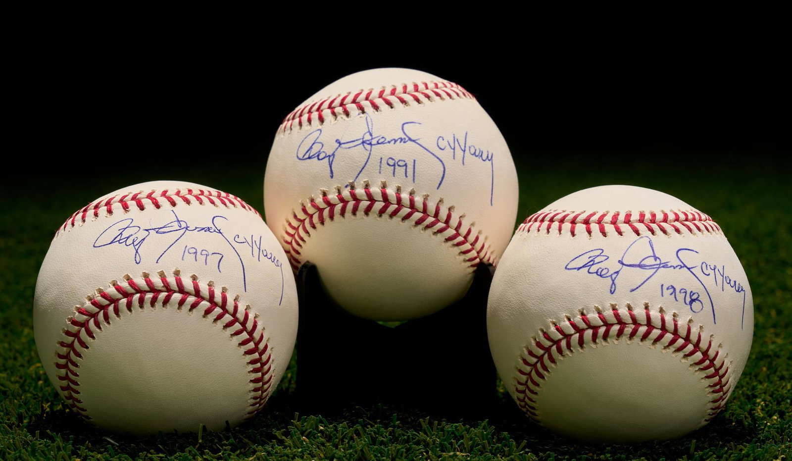 Set of 3 Roger Clemens Signed Baseballs: Set of 3 Roger Clemens signed Rawlings MLB baseballs. 1 signed "Roger Clemens Cy Young 1991", 1 signed "Roger Clemens Cy Young 1997" and 1 signed "Roger Clemens Cy Young 1998" Provenance: The Estate o