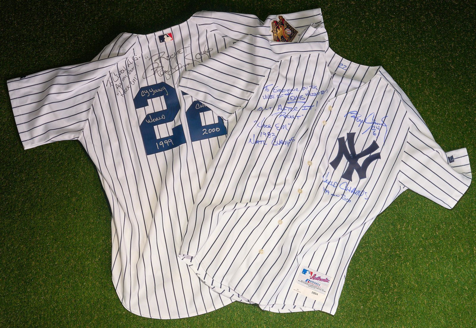 2004 and 2005 New York Yankees Roger Clemens Signed Jerseys: 2001 # 22 New York Yankee jersey, size 48, signed "To Coach A.G., All by best!, "Hook Em", "Rocket" Roger Clemens CY6", "Cy Young, World Champs, 1999,2000,2001" with 100 Seasons American League patch