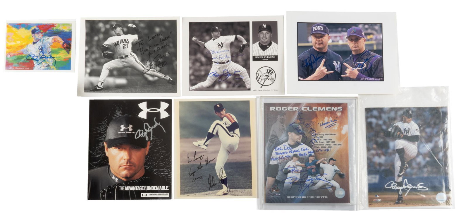 Set of 8 Photos Signed by Roger Clemens: Set of 8 photos signed by Roger Clemens to Larry Falk. 11.5"h x 9.5"w Provenance: The Estate of Larry Falk, University of Texas at Austin Assistant Athletic Director We happily provide seamless shippi