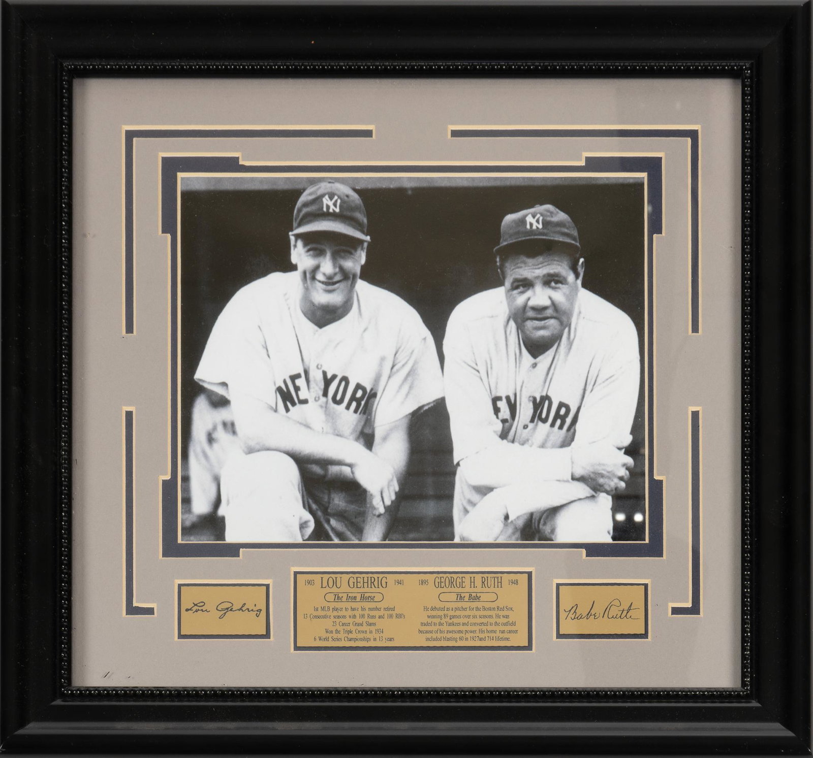 Lou Gehrig and Babe Ruth Framed Photograph and Signatures: Framed photograph of Lou Gehrig and Babe Ruth with signatures and information card on both players. 15.5"h x 17"w We happily provide seamless shipping services on everything we sell. Please em